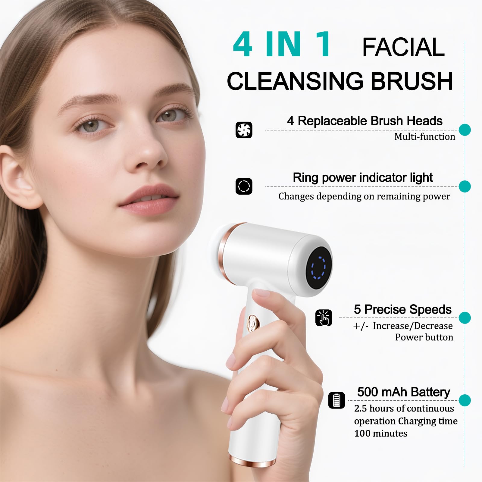 Elektrische Gesichtsreinigungsbürste mit 4 Bürstenköpfen & 5 Geschwindigkeiten – IPX6 wasserdicht, Typ-C Schnellladung – für Tiefenreinigung, Peeling, Porenminimierung & Make-up-Entfernung (Weiß)