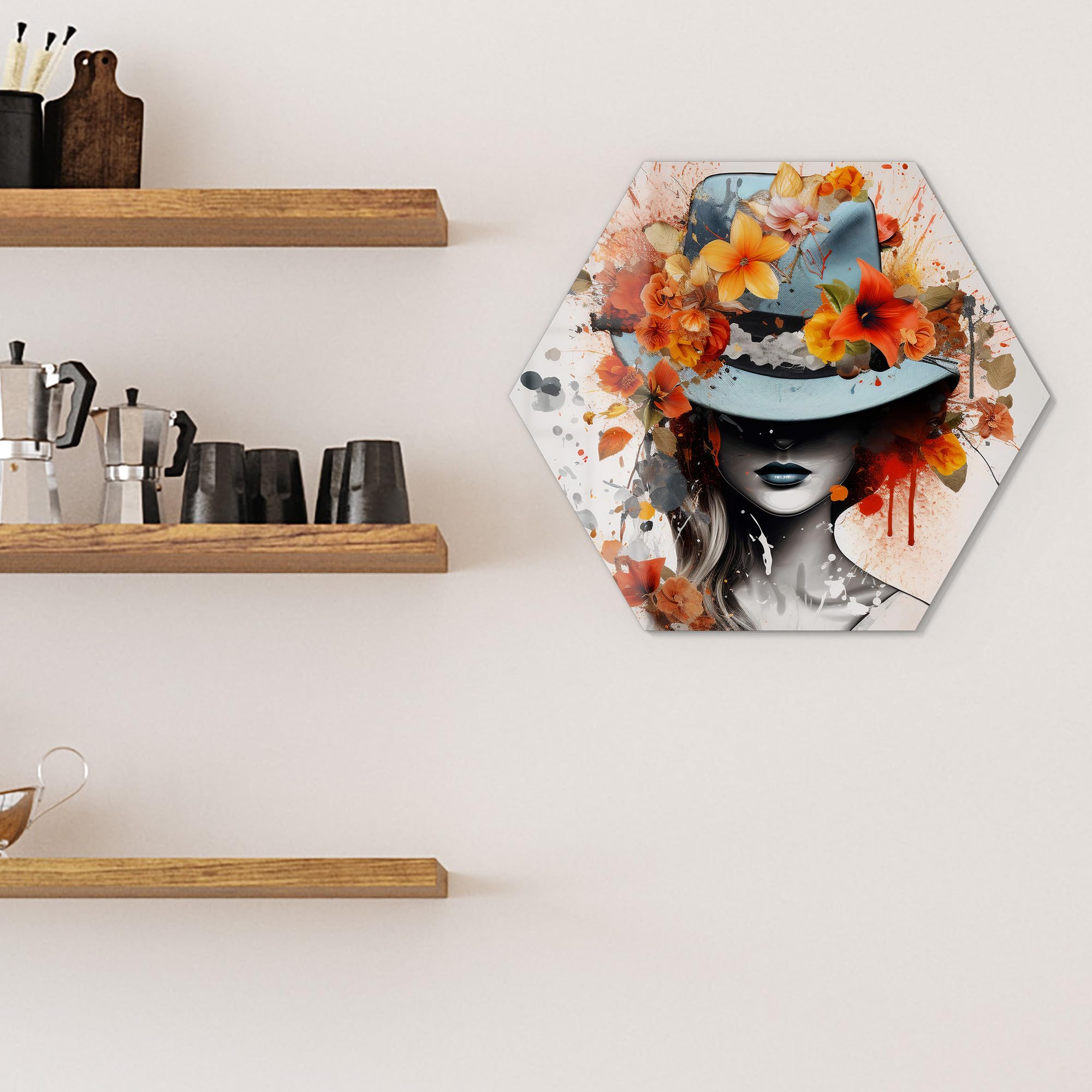 DEQOART Glas-Magnettafel | Sechseck 55x47,6 cm cm groß | Motiv Floraler Farbtanz | Memo-Board aus Glas | Magnetboard inkl. Magnete, Stift & Tuch für Küche & Büro | Tafel beschreibbar