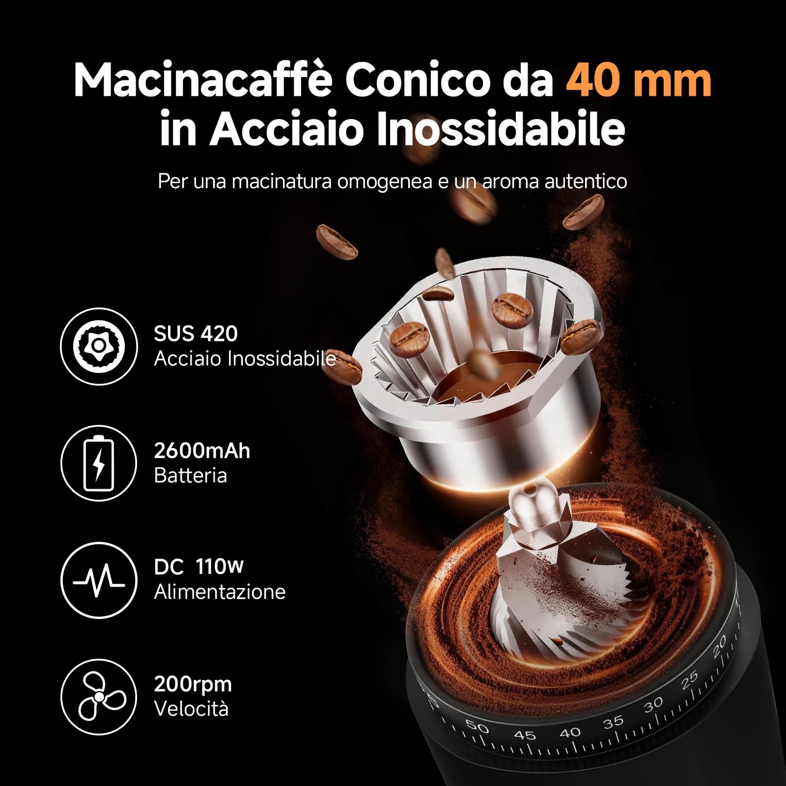 AAOBOSI Macina Caffe' Elettrico, Macina Caffè Professionale 110W, Batteria 2600mAh, Macinacaffè Portatile con 60 Livelli di Macinatura, Include Portafiltro per Macchine da Caffè Espresso