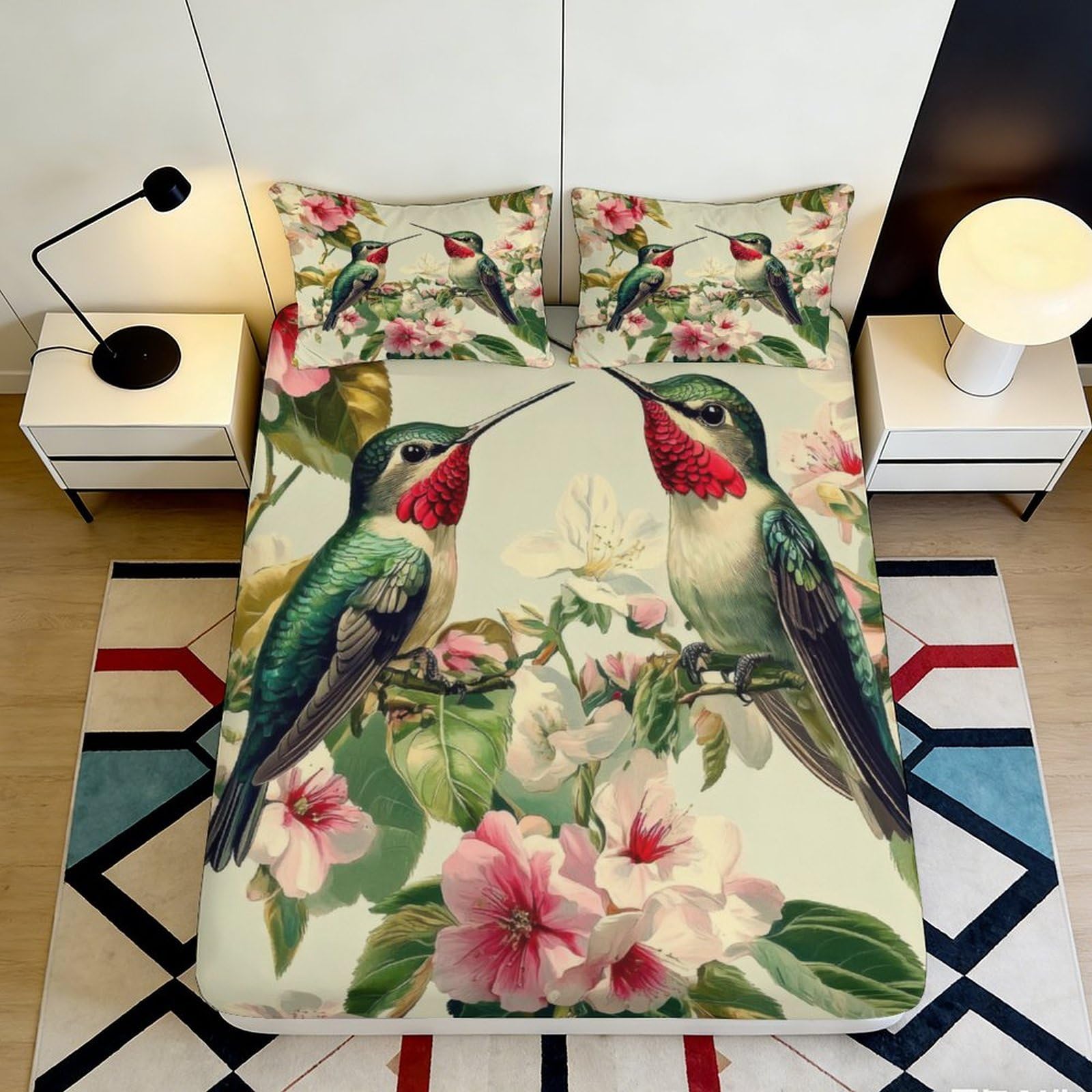 3D Printed Hummingbird Floral Fitted Sheet Microfiber Soft Breathable Garden Bed Cover for Bedroom Dormitory Guest Room Mattress Protection 140x200x25cm