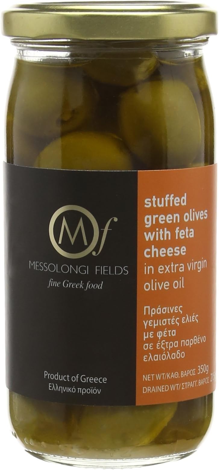 Messolongi Fields Stuffed Green Olives with Feta Cheese in Extra Virgin Olive Oil 350 g (Pack of 3)