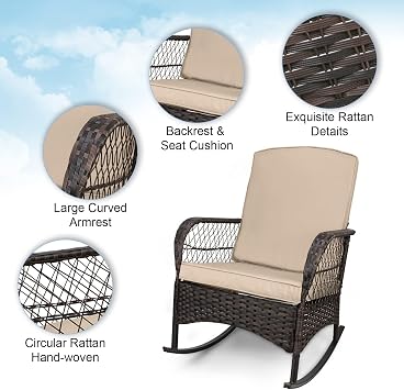 LEVELEVE 3 pcs Rocking Bistro Set Conversation Chairs PE Wicker Outdoor Rocking Chairs & Glass Table,for Porch Lawn Garden Backyard Deck(Rocking Set,Khaki)