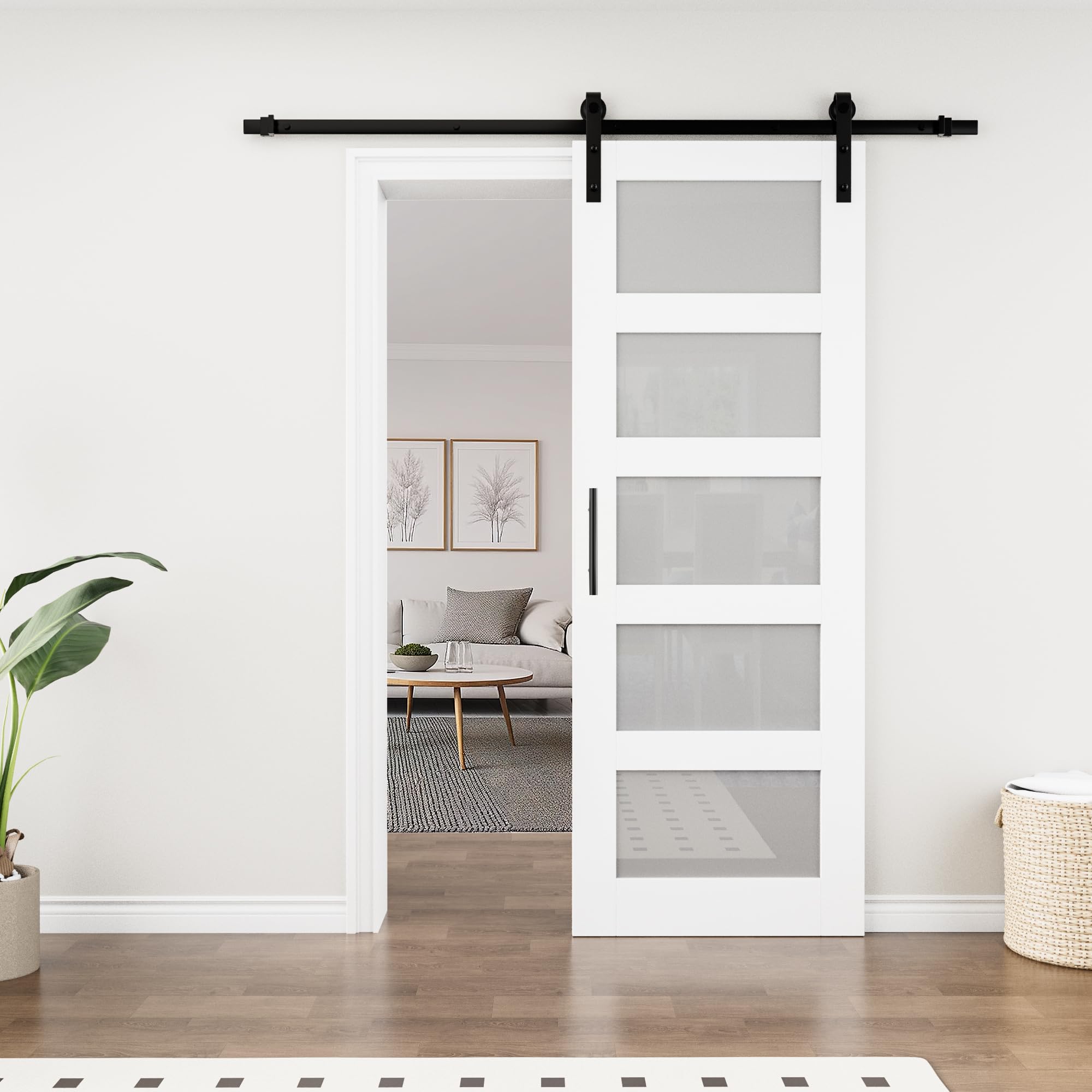 5-Lite Frosted Glass Paneled White Barn Door, 30" x 84"