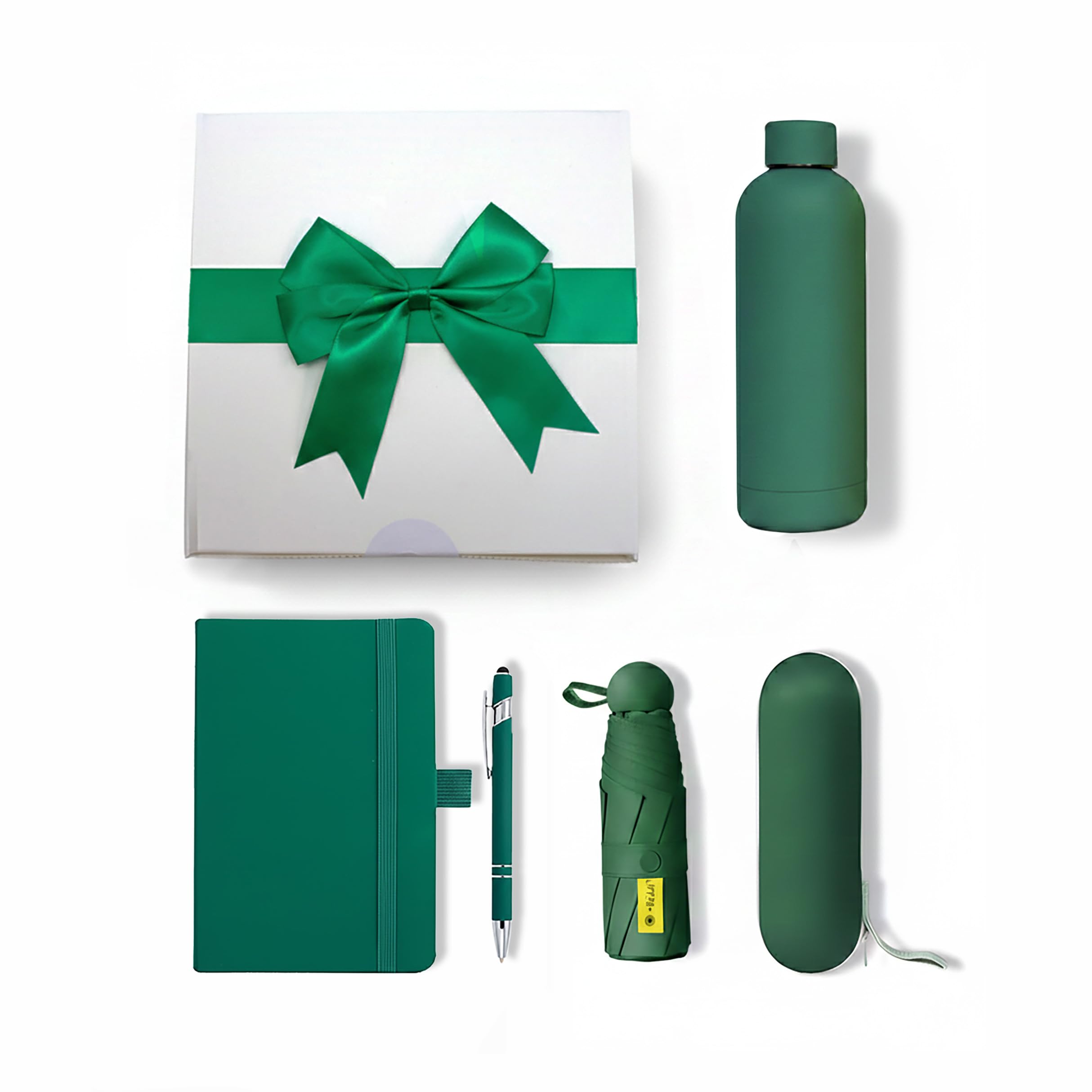 Vivid-it Gift Set for Women & Men | 4-in-1, A5 Notebook with Pen (Touch Stylus Tip), Umbrella and 500ml Stainless Steel Thermal Bottle | Corporate Gift Set | Gift Box with a Ribbon Bow (Green)
