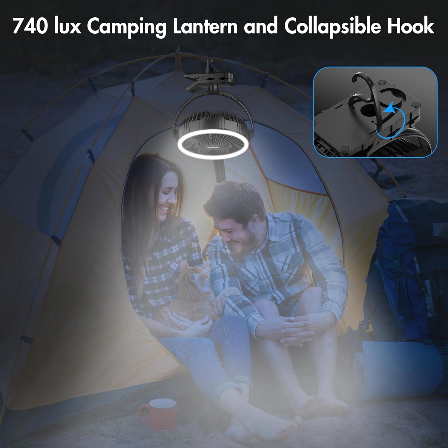 Camping Rechargeable Fan, Battery Operated with Timer, Powerful Airflow Portable Fan, Strong Clip Fan with Light & Hook for Tent Outdoor Travel BBQ Hurricane Power Outage