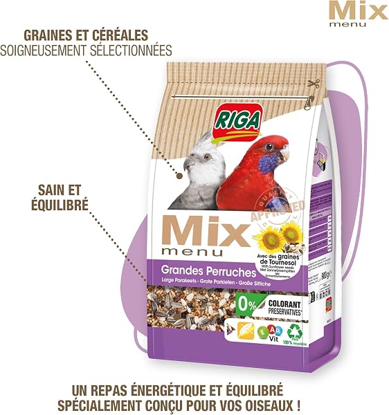 Riga - Menu Mix Grandes Perruches - Mix Vitaminé - Nourriture Oiseaux - Graines - Oligo-Eléments Et Coquilles De Mer Concassées - Croissance Et Brillance Plumage - 0% Colorant/Conservateurs - 900 g - 2