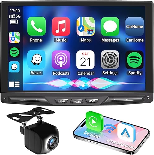 Estéreo inalámbrico para automóvil de 10.1 pulgadas, desmontable y ajustable, Apple Carplay y Android Auto con pantalla táctil IPS de 1280 x 800,