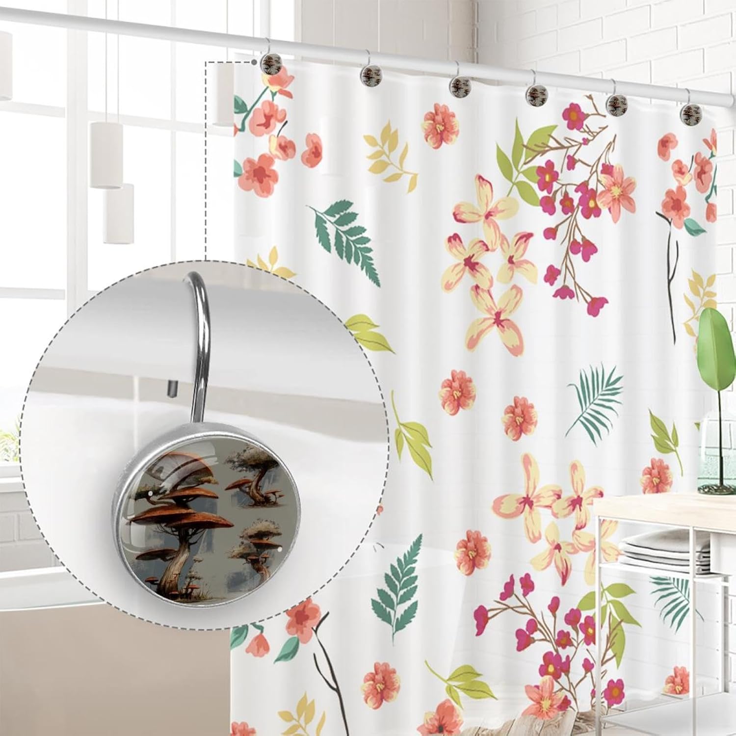 12PCS Mushrooms Trees (2) Shower Curtain Hooks Rings for Bathroom, Decorative Shower Curtain Hooks Rods Curtains and Liner