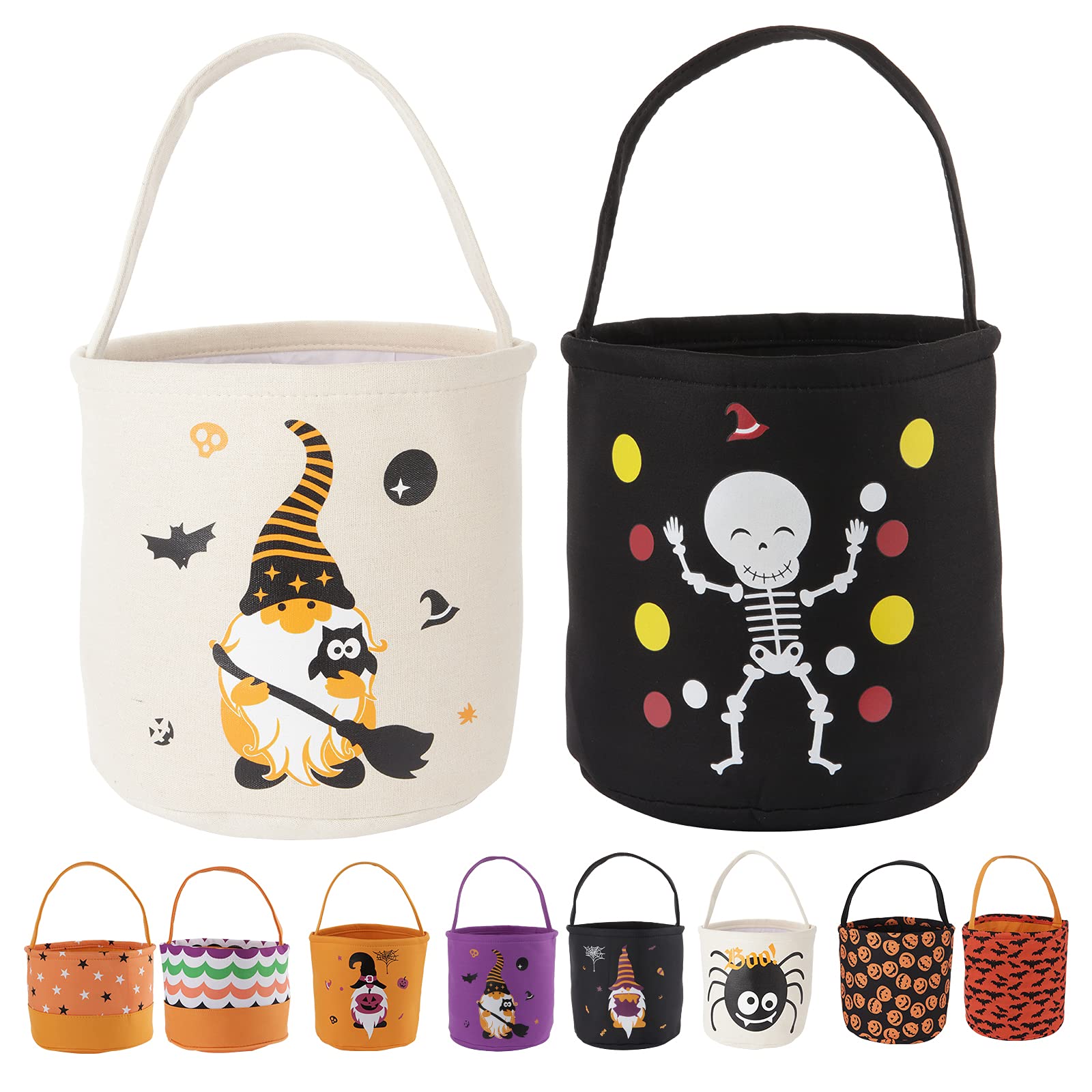 Yuewoo Halloween Trick or Treat Bags for Kids and Adults 2PCS Halloween Candy Bags Buckets Halloween Home Decorative Baskets (Black Skeleton & White Wizard)