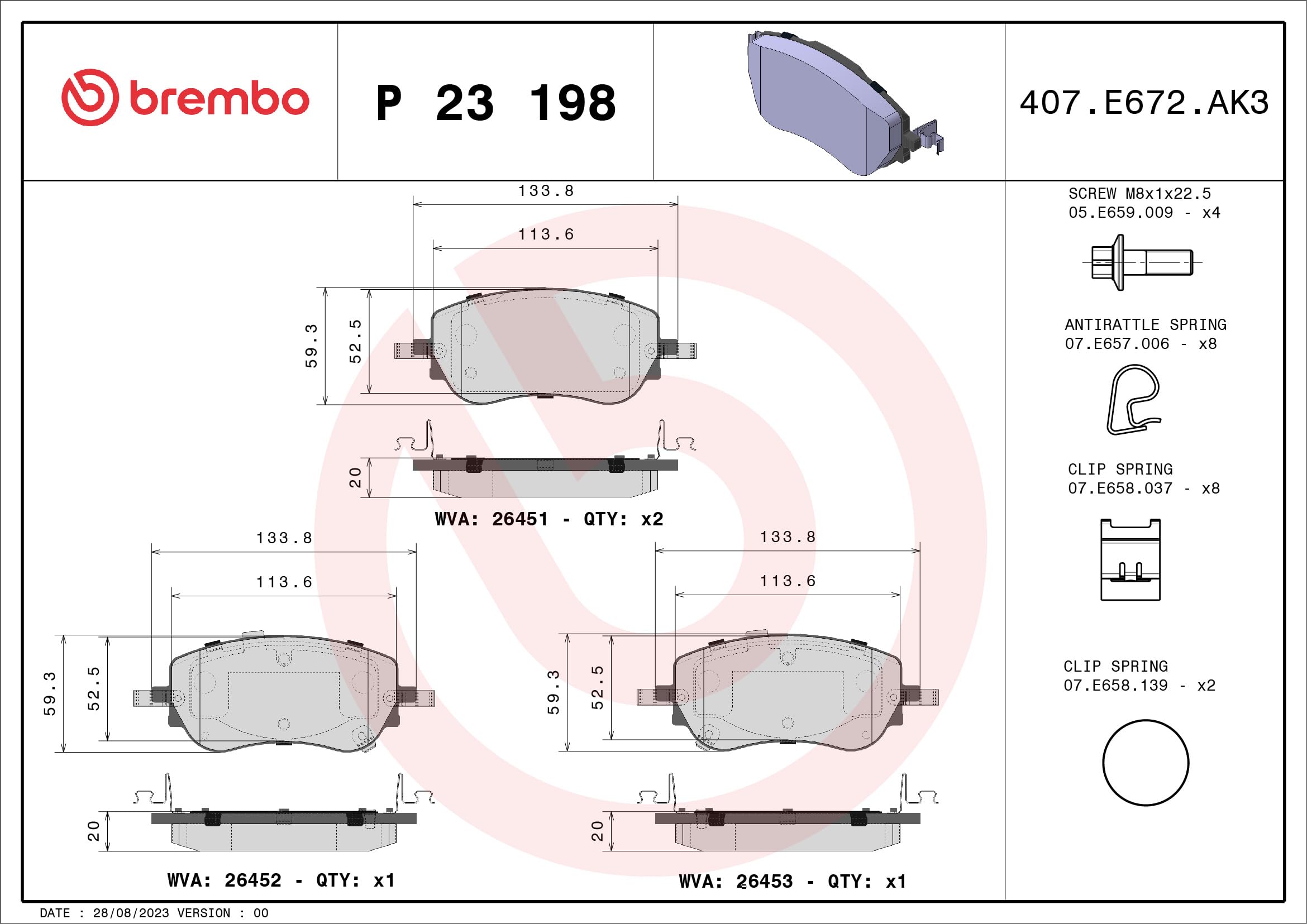 Brembo - Prime - P 23 198 - Pastiglia Freno - Anteriore, set di 4