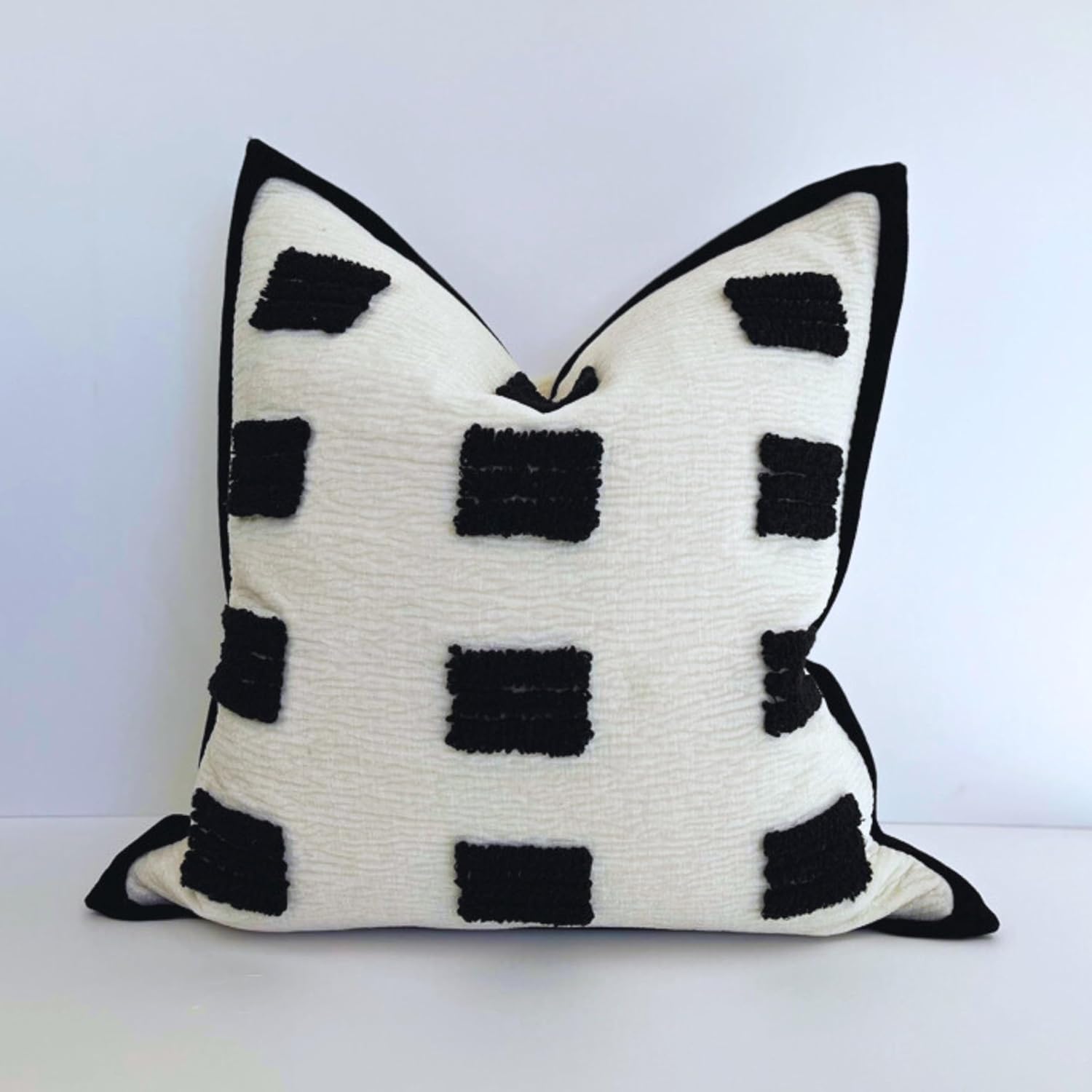 Tufted Decorative Boho Black and White Throw Pillow Cover, 18x18 inches, Soft and Luxurious Chenille Fabric, Elegant Design, Cushion Covers for Couch, Bedroom, Living Room, Home Decor 18" x 18" (Pack of 1) White
