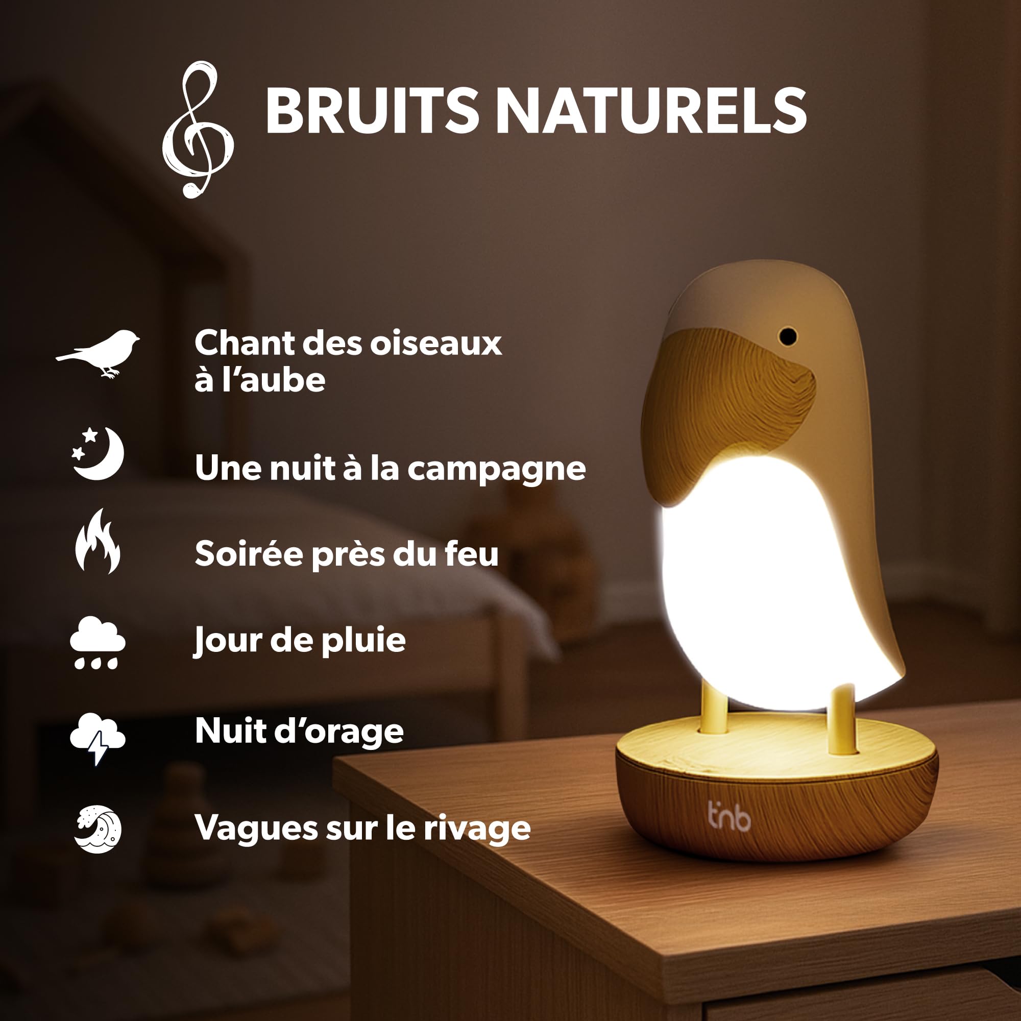 T'nB – Luz nocturna con sonidos relajantes, 6 ruidos naturales para la relajación, control remoto, temporizador 30 min, brillo ajustable, modo de respiración, carga USB – Tucán blanco