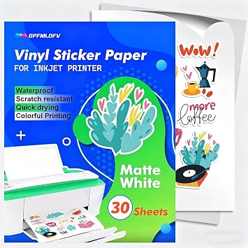 Matte Sticker Paper for Inkjet Printer- 30 Sheets Matte White Waterproof, Premium Printable Vinyl Stickers Paper with 8.5" x 11" - Holds Ink Beautifully & Dries Quickly
