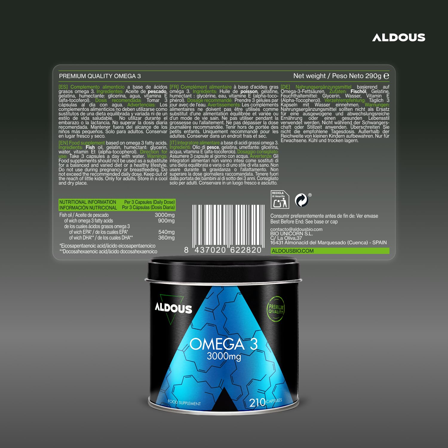 Oméga 3 Dha Epa Huile de Poisson - 3000 mg par jour - 210 Gélules (+2 mois) | Avec Acides Gras EPA et DHA - Haute Concentration - Vitamine E, Acides Gras - Vision et Cerveau - Complement alimentaire