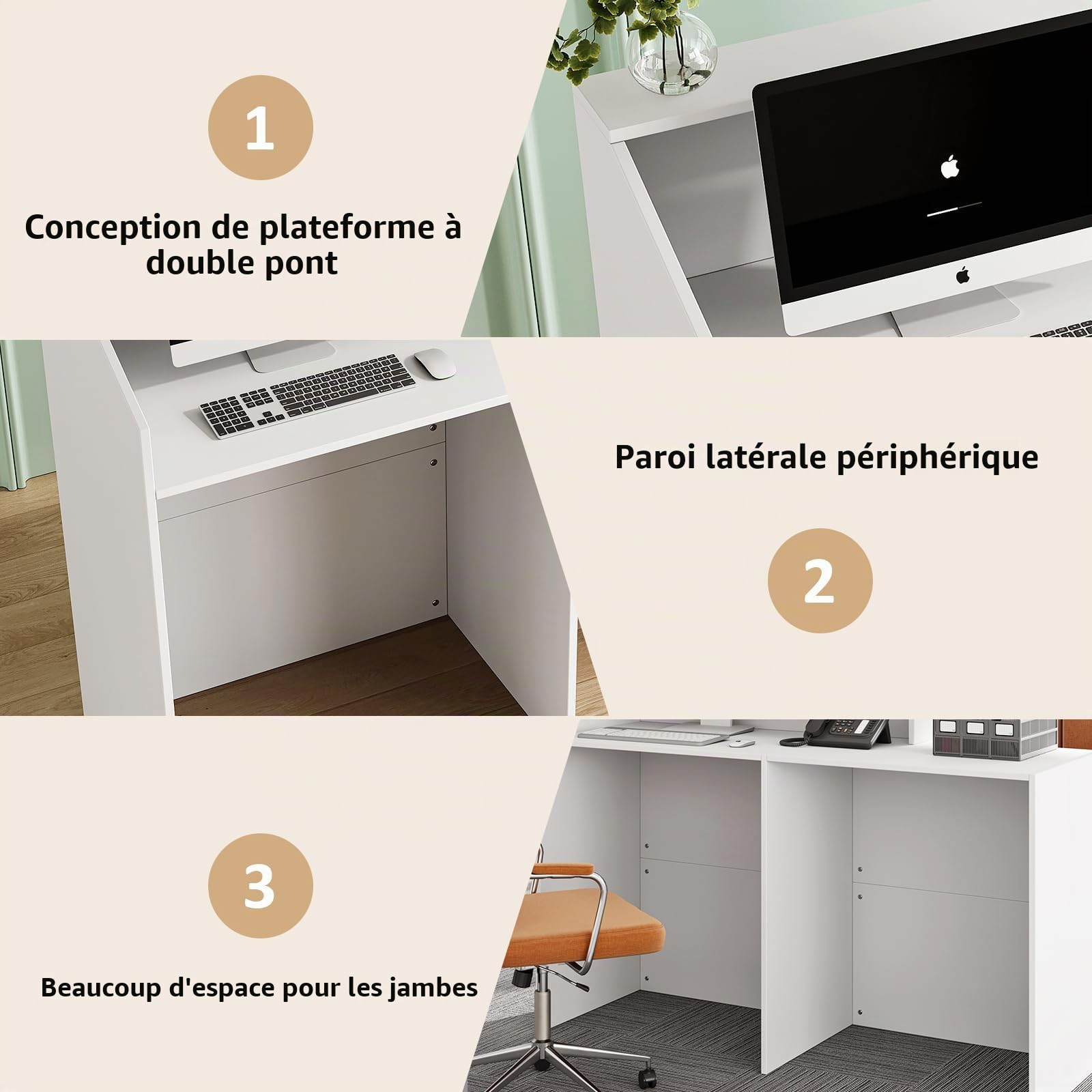 Comptoir de réception blanc 133 x 45 x 100 cm, comptoir de réception, comptoir de réception avec grande surface de travail, comptoir de réception, comptoir de caisse, table de réception, simplicité