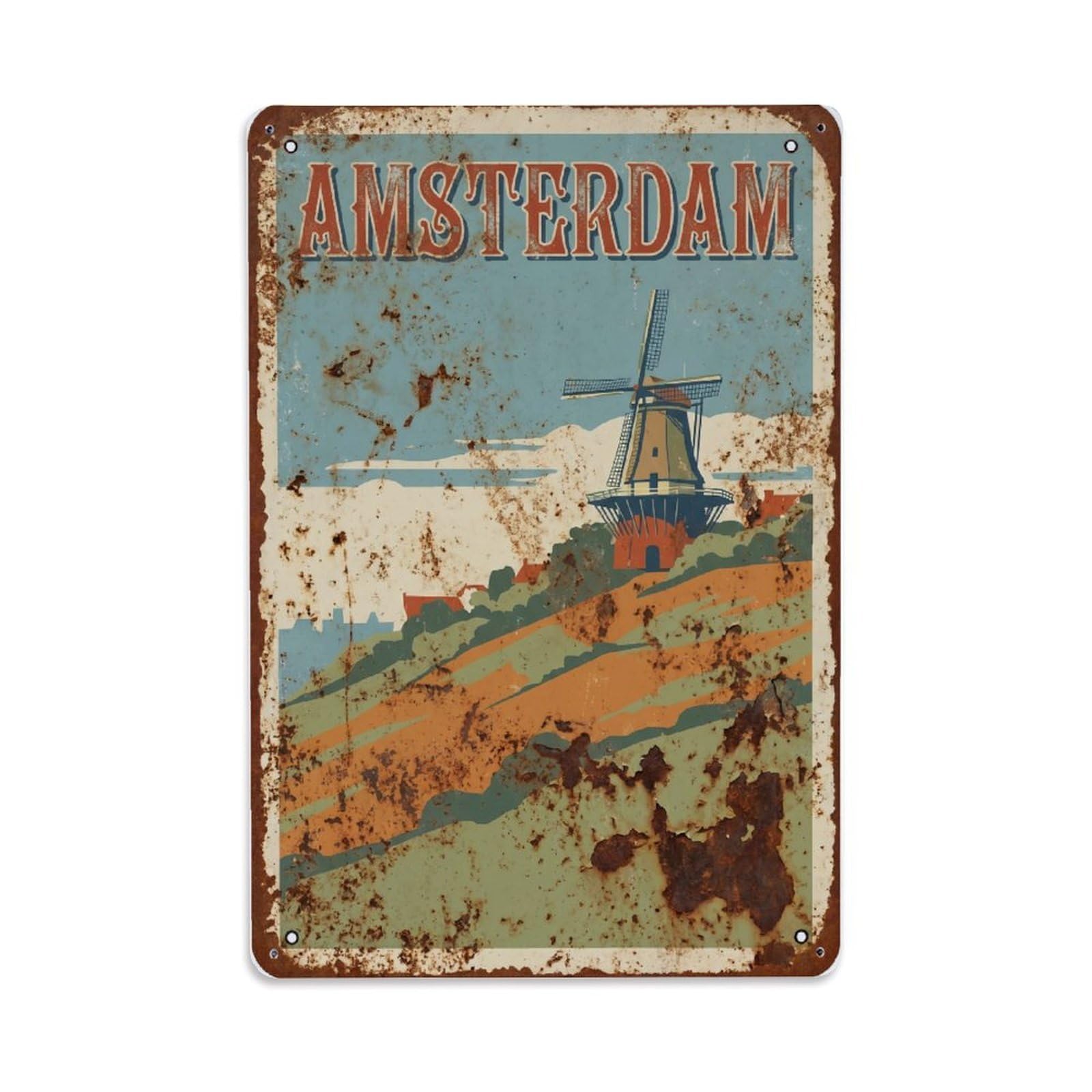 Vintage Travel Hillside Netherlands Scenic Metal Tin Sign Plaque Wall Decor for Cafe, Club Bar, Office, Home Garden Metal Poster 8x12Inch