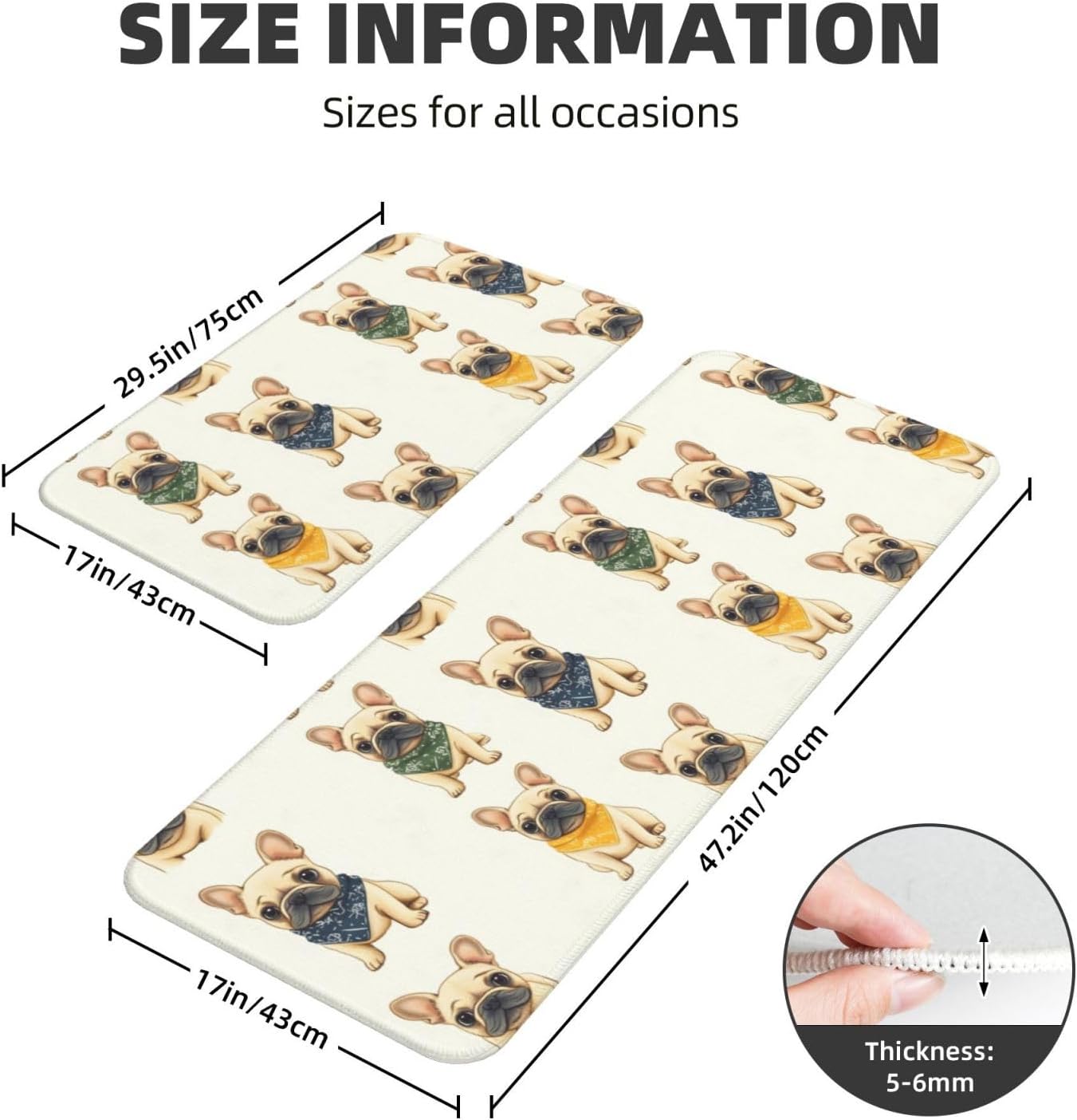 Cute Scarf Pug Dog Print Kitchen Rugs Sets of 2 Non Slip Washable, Anti Fatigue Kitchen Mats for Floor, Home Decor