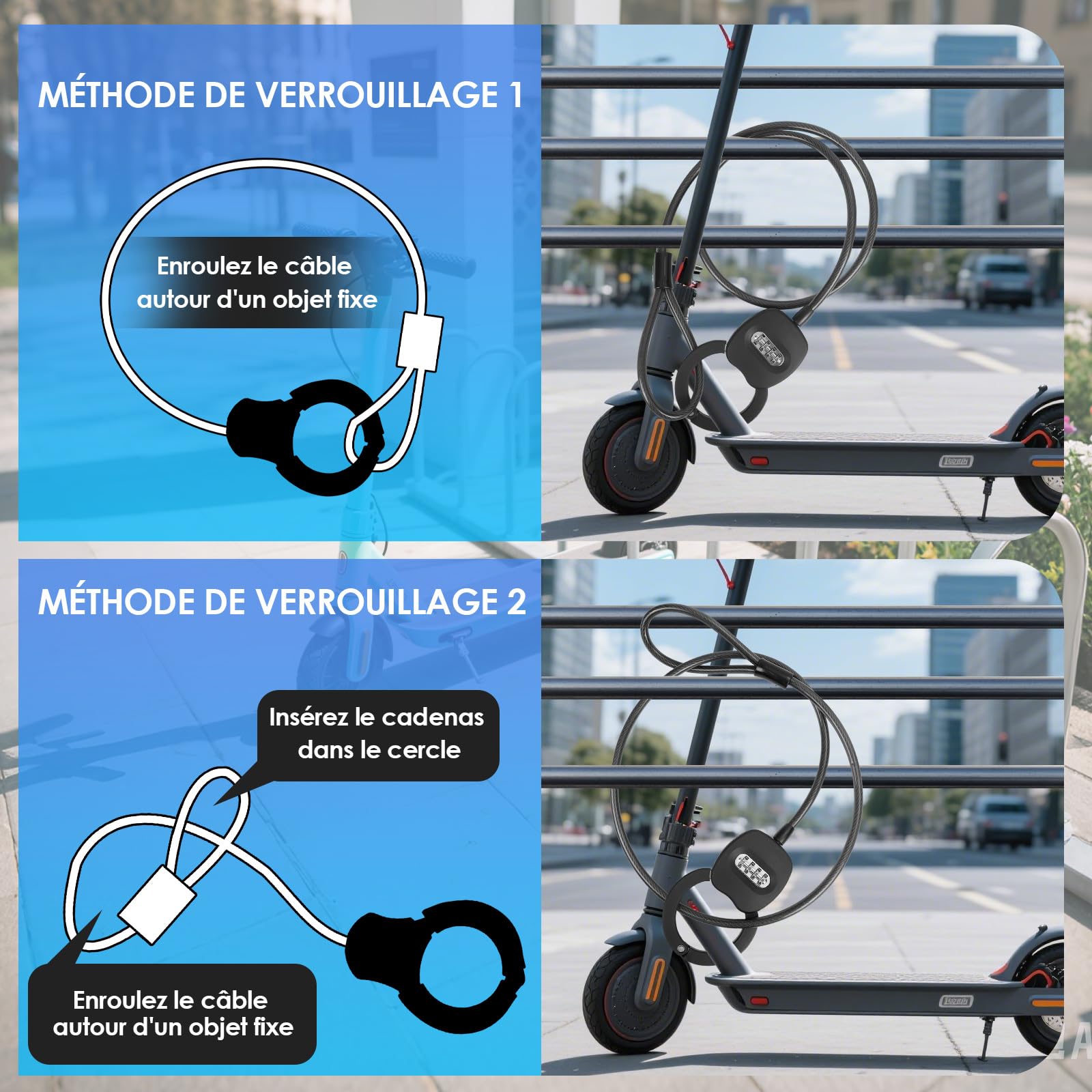 Antivol Trotinette Electrique avec Serrure à Code à 4 Chiffres, 150cm Cadenas Trotinette Electrique avec Sac de 4L, 12mm Antivol Velo, Chaine Antivol pour Trottinettes, Vélos, Poussettes