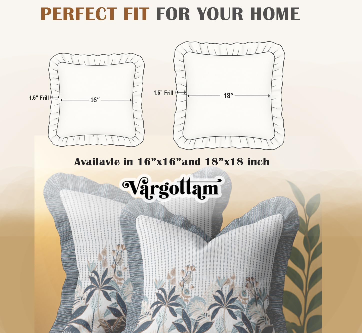 16x16 Cotton Cushion Covers Set of 2 - Double-Sided Printed Frill Pillow Covers with Zipper, Tropical Print, Farmhouse Style, 100% Cotton Twill, No Filler