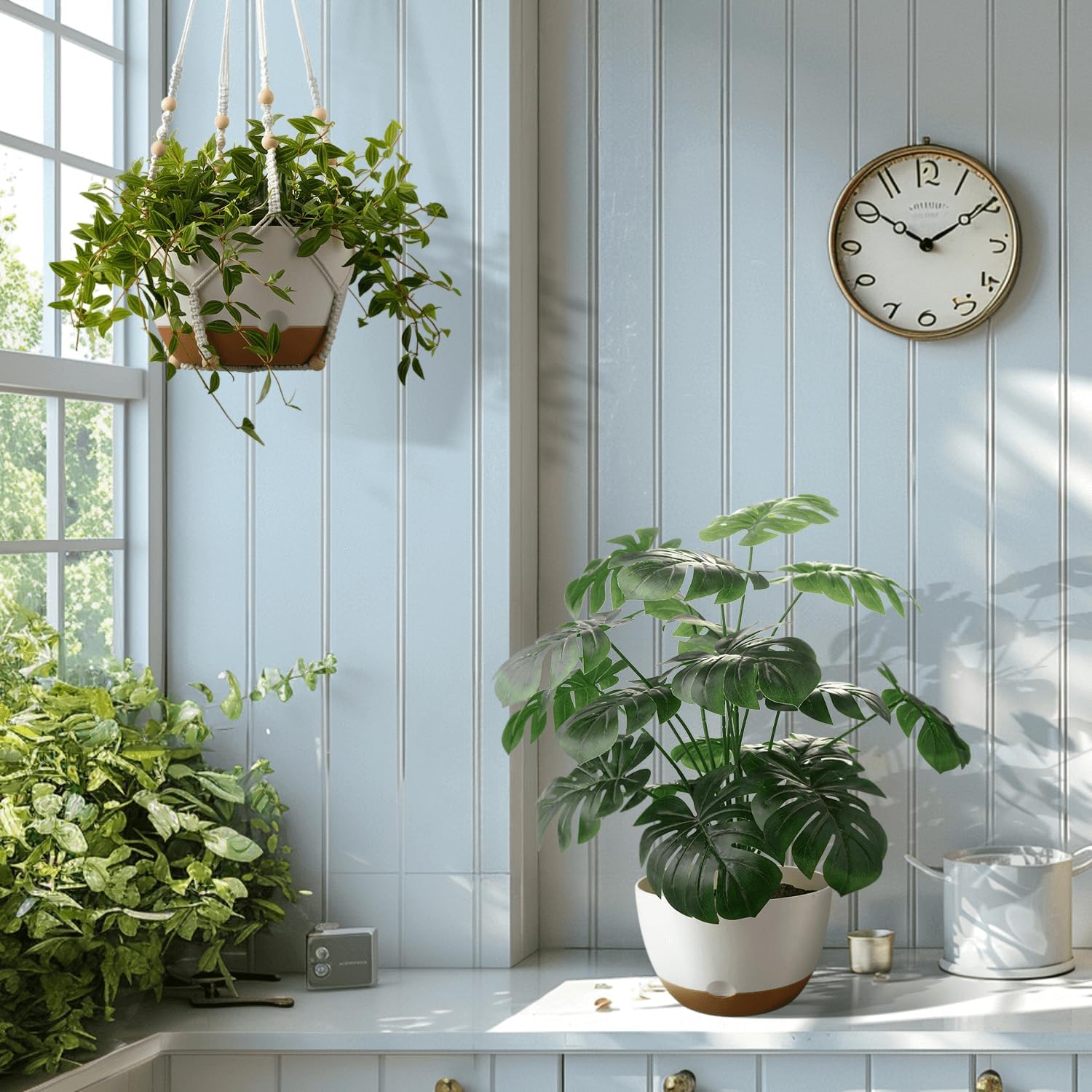 10 Inch Hanging Planters for Indoor Plants,Set of 2 Hanging Pots for Plants with Self-Watering, Outdoor Hanging Plant Pot with Drainage and 2 Kinds of Baskets Hangers for Home Decor and Garden