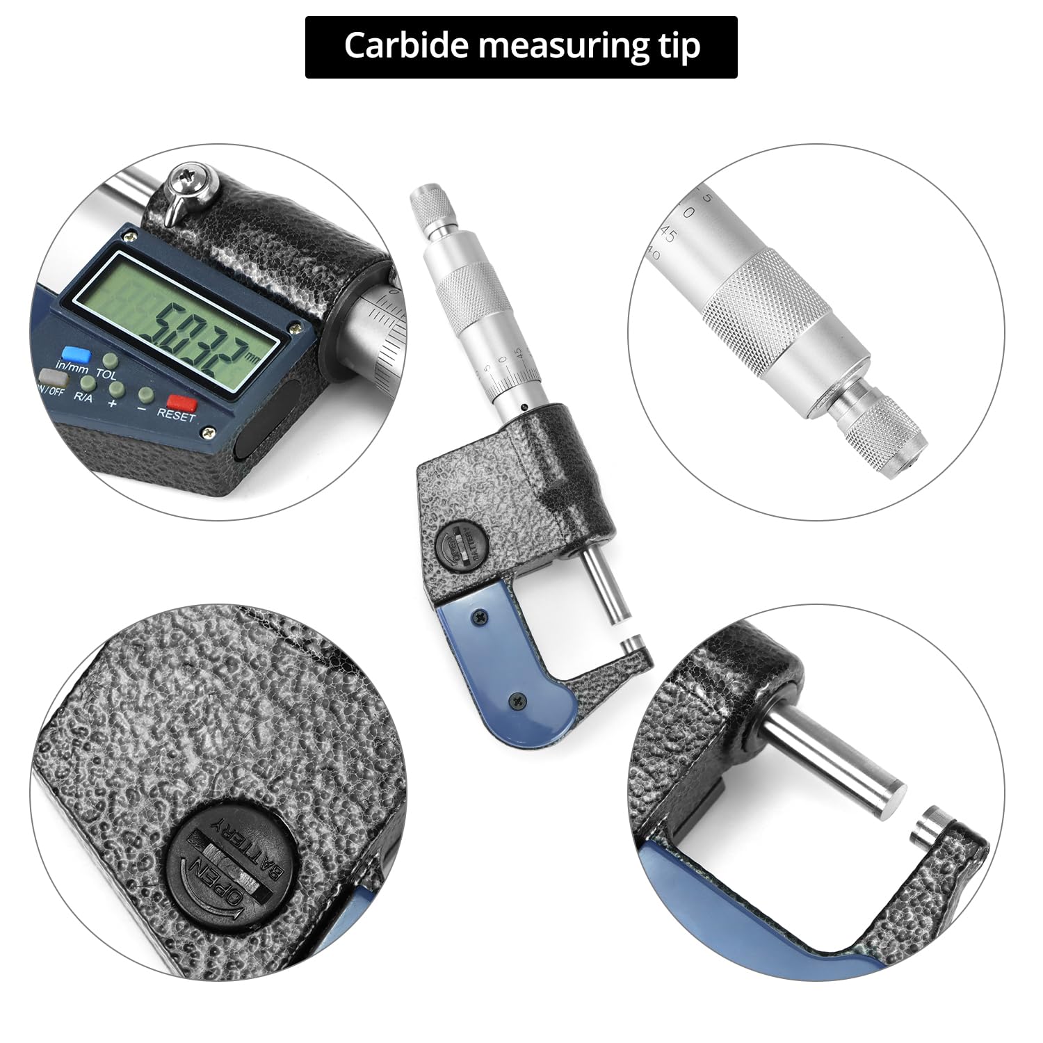 QWORK Micrómetro exterior digital con punta de carburo, rango de medición de 0 a 25 mm, alta precisión ± 0,002 mm, pantalla LCD