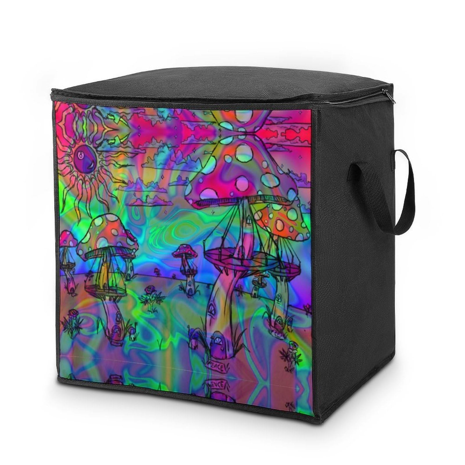 Lyfthologen 70L Storage Bags, Psychedelic Trippy Mushroom Storage Box with Lid Zipper And Handles, Clothes Bags for Quilt, Blankets, Bedding