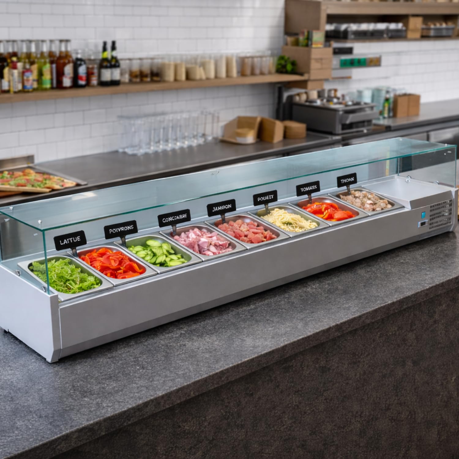 Escaparate ensalada refrigerada 200 cm – Capacidad 9 contenedores GN 1/3 – Frío Ventilado – Acero Inoxidable – Ideal para Pizzerías y Restaurantes