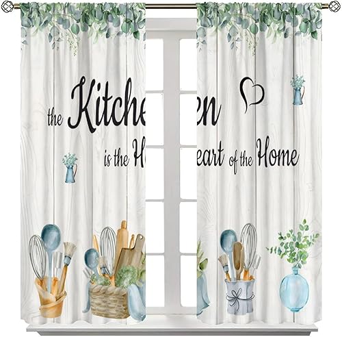 Miniatura 3 de Cortinas rústicas de cocina de granja, hojas verdes florales de primavera, cortinas retro de tablones de madera campestre para dormitorio, comedor,