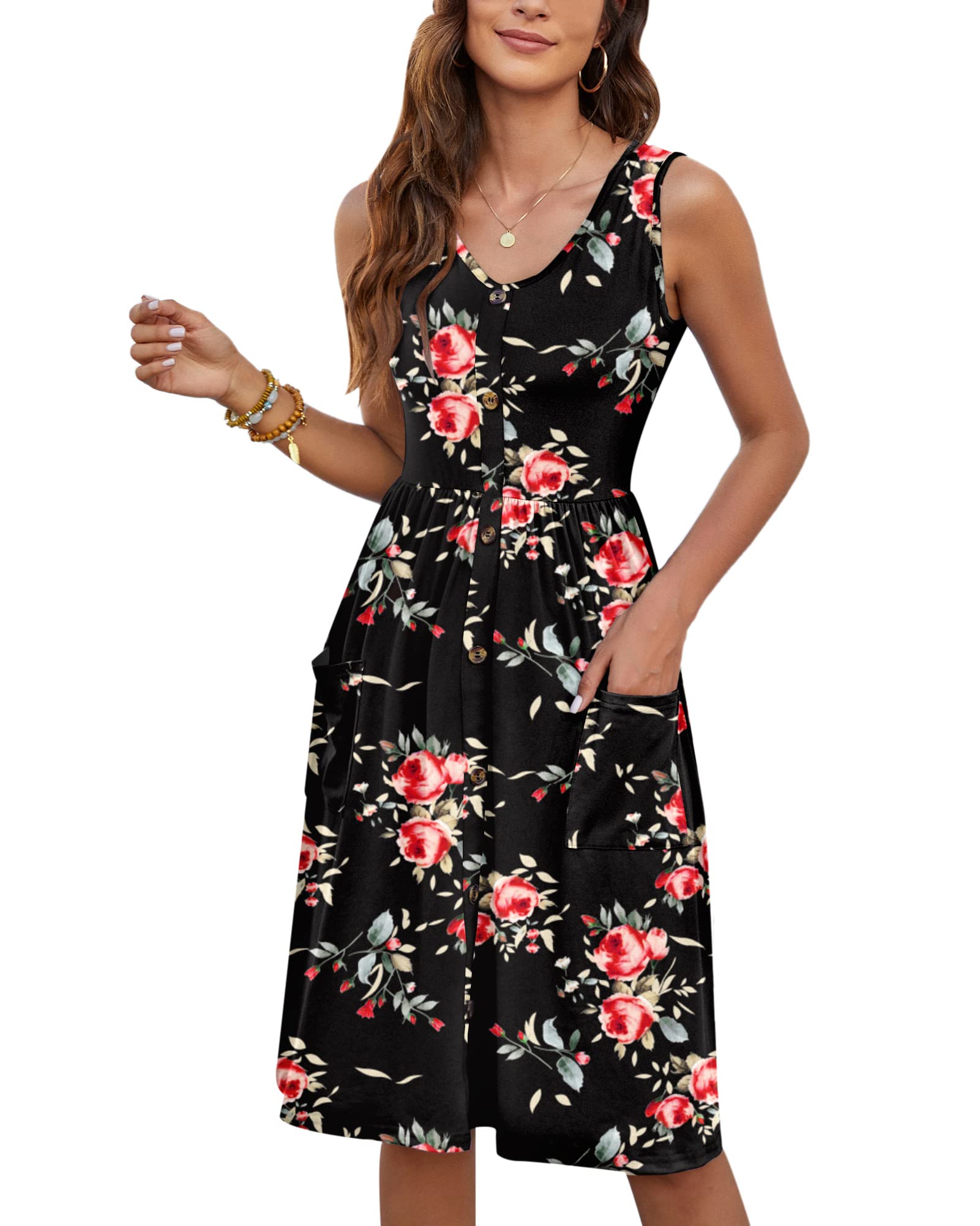 MOLERANI Abiti Estivi da Donna Abito Midi Senza Maniche Casual Allentato con Bottoni e Tasche