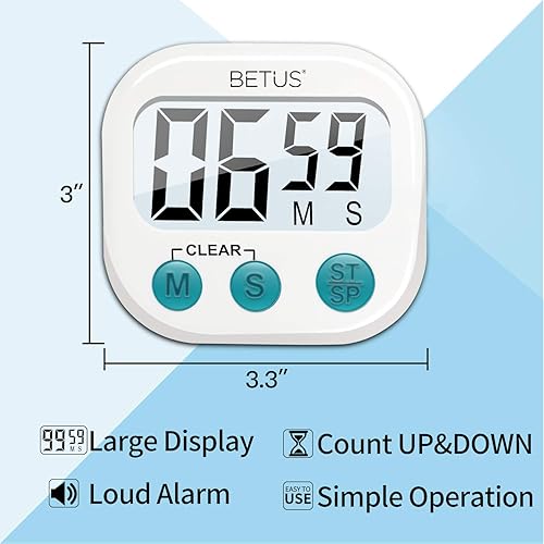 Miniatura 2 de Betus Temporizador digital de cocina, dígitos grandes, funcionamiento simple y alarma fuerte, respaldo magnético o soporte de mesa, cronómetro