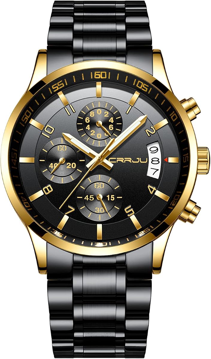 Men's Fashion Stainless Steel Watches Date Waterproof Chronograph Wristwatches,Black Steel Band Waterproof Quartz Watch for Men