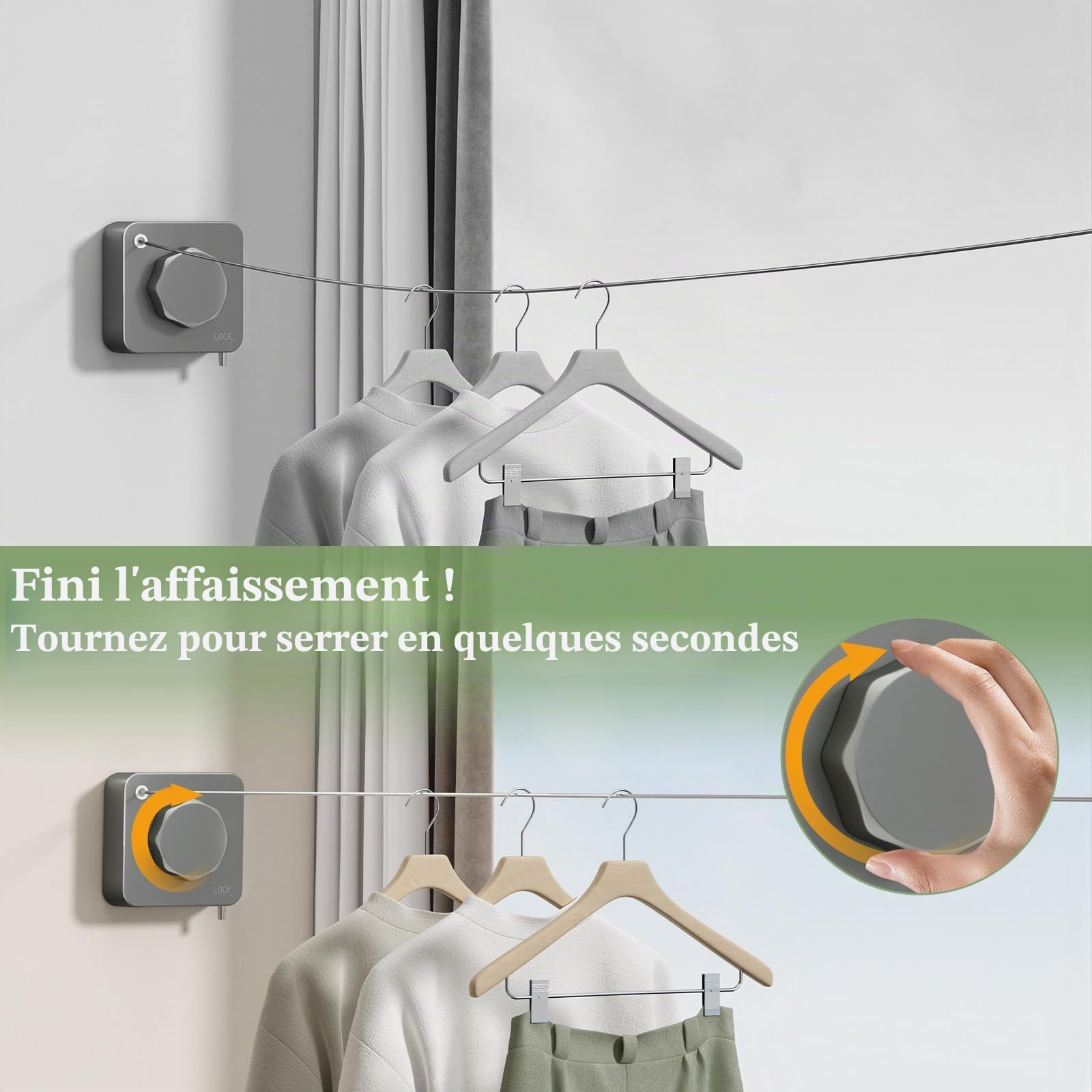 Séchoir Extensible INOX 4,2m - Anti-Affaissement & Auto-Rétractable - Support 20kg - Installation Murale (Salle de Bain/Balcon/Buanderie) -Gris