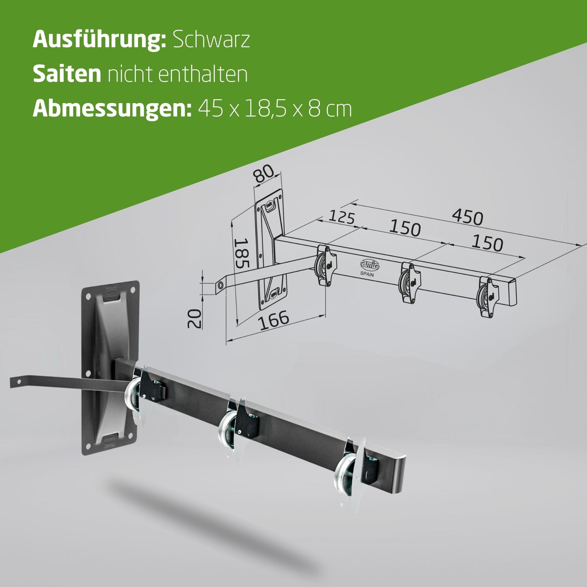 Amig - Seitlicher Wandwäschetrockner Mod. 3 - Wäschespinne mit 2 Armen und 6 Edelstahlrollen - Für 3 Leinen - Epoxidbeschichtung - Für den Außenbereich - 450 mm - Befestigungszubehör - Farbe Schwarz
