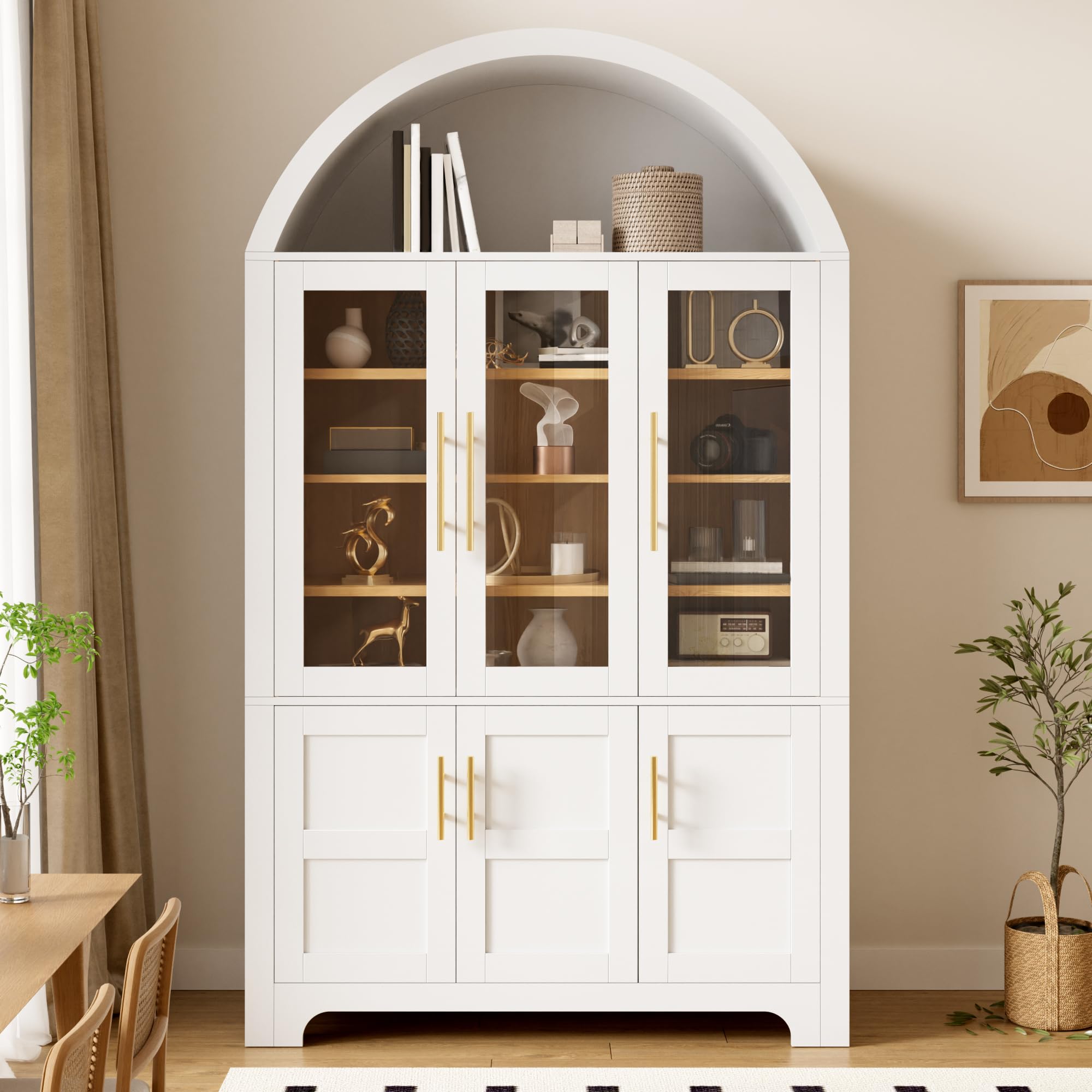 Credenza moderna verticale, PB+MDF, nicchia ad arco superiore, 3 vetrine in vetro, 3 scomparti chiusi, ripiani regolabili, maniglie in alluminio, armadio multifunzione per la casa, bianco