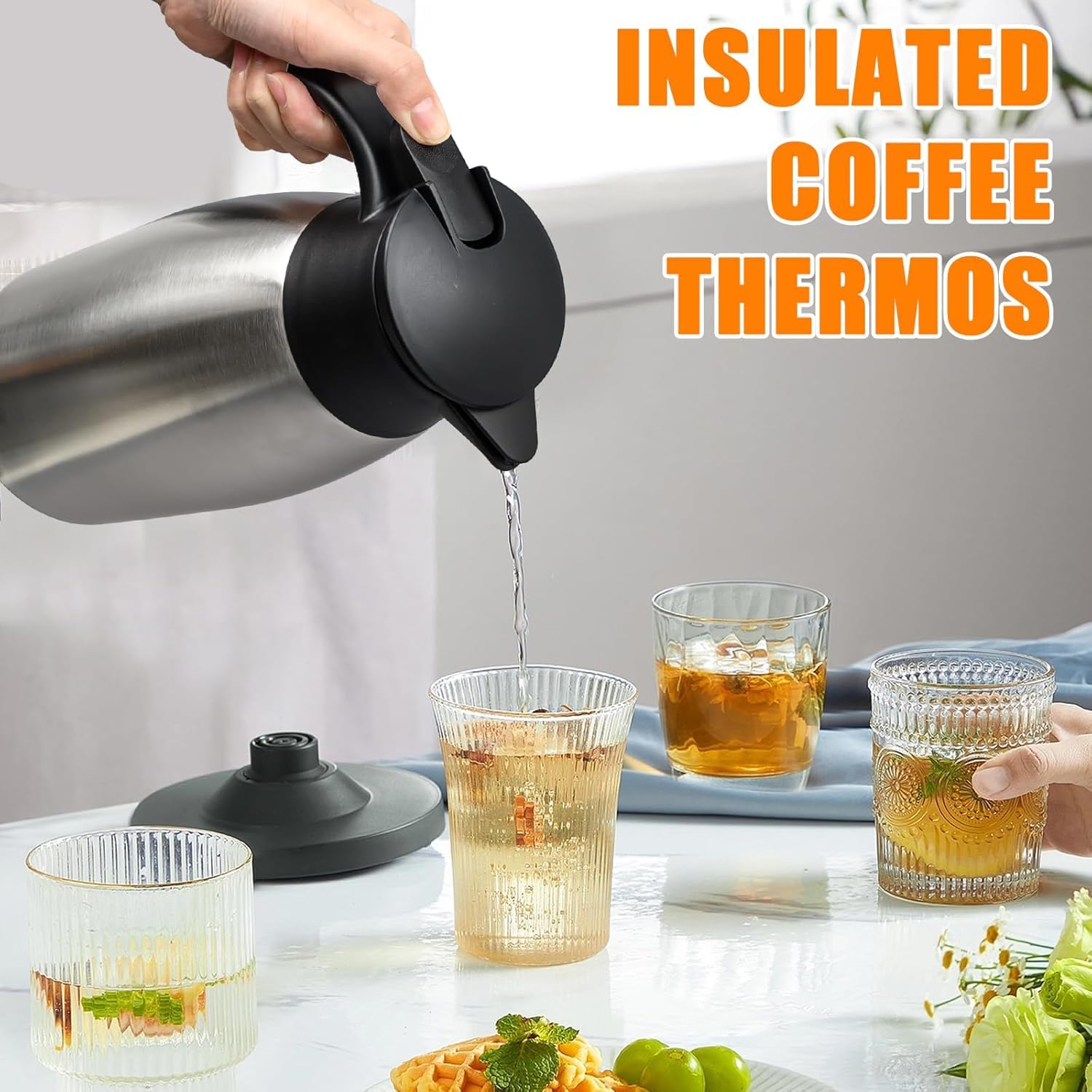 2 jarras térmicas de 2 litros, jarra térmica de acero inoxidable 304 aislada, 24 horas de aislamiento térmico, para café, té, agua, bebidas, termo (plata, negro)