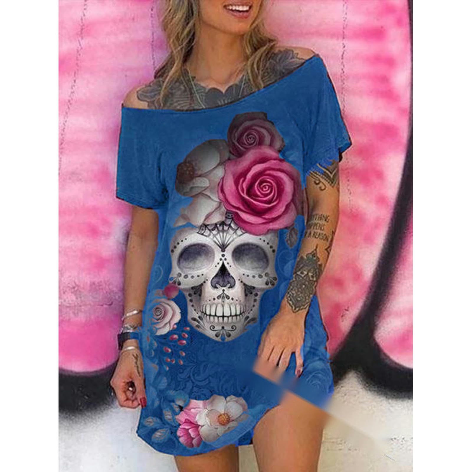 WEITING Robe de Grande Taille européenne et américaine à la Mode et Sexy épaule inclinée imprimé tête de Mort Jupe Courte à Manches Courtes pour Femme - Noir - 4XL