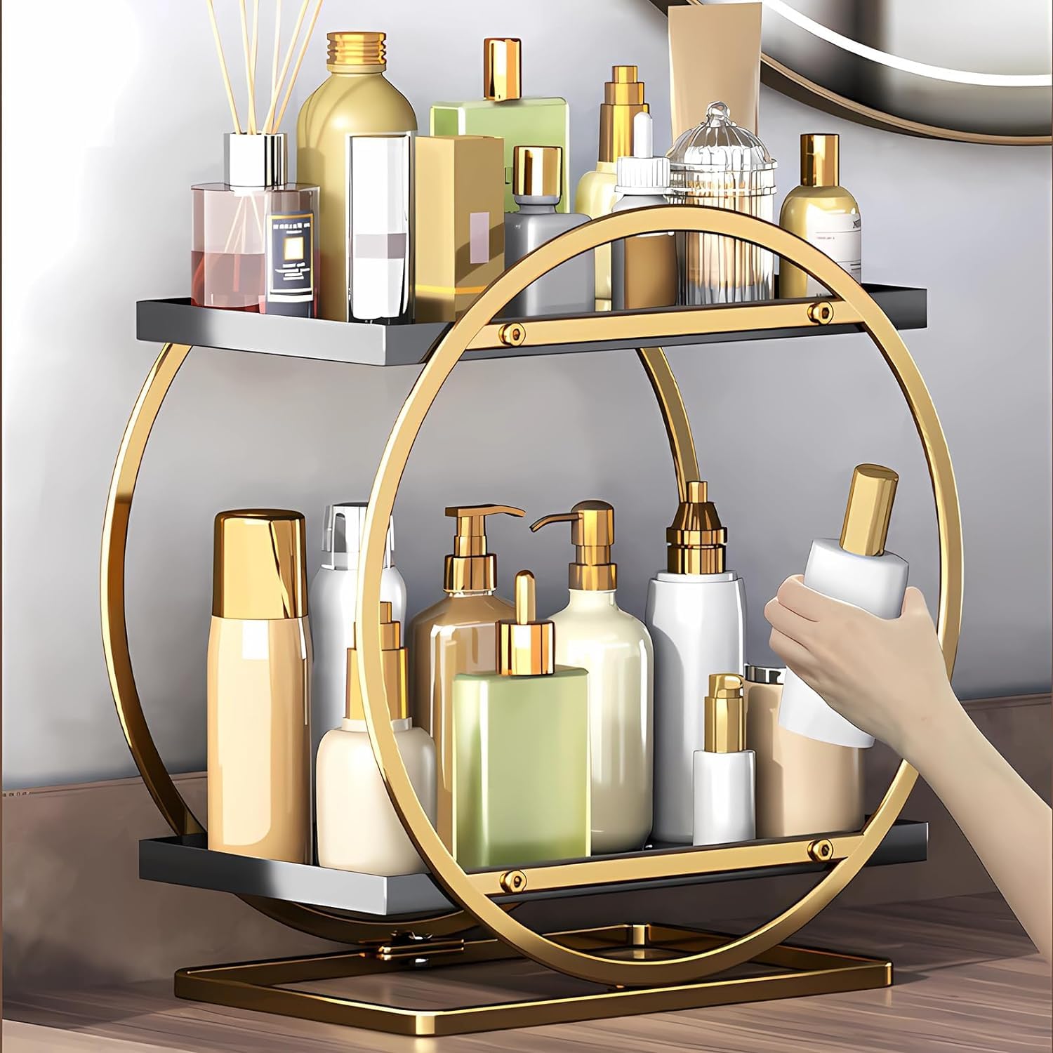Organizador de maquillaje para tocador, estante de 2 niveles para el cuidado de la piel, bandeja de exhibición de perfume, almacenamiento de encimera de baño, almacenamiento de cosméticos para