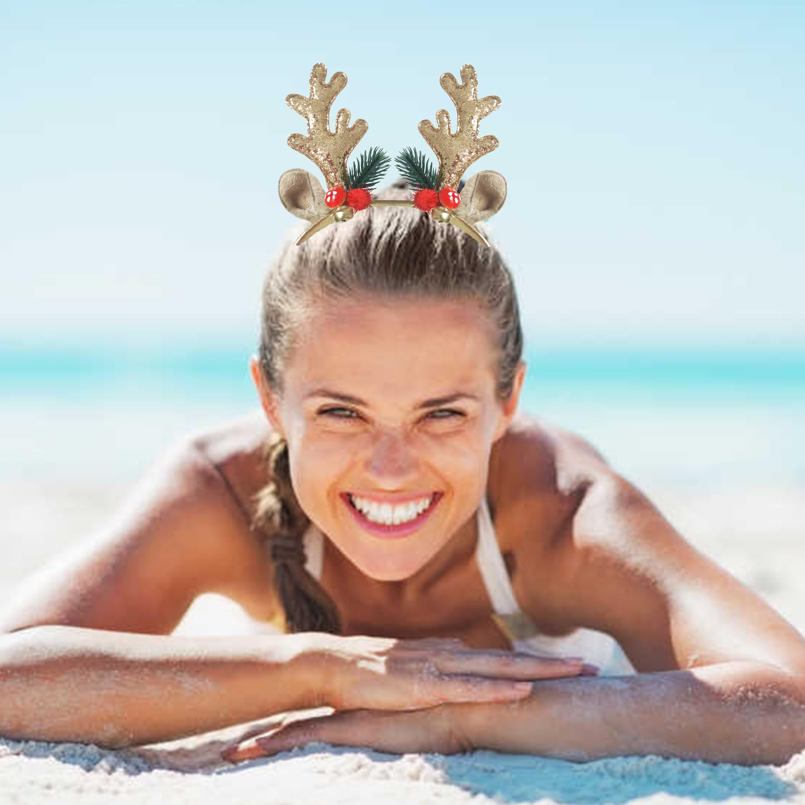 1055 48 Pcs Christmas Reindeer Antlers Headbands with Ears Antler Xmas Elk Sequin Reindeer Antlers Headband - Christmas Party  main image 4