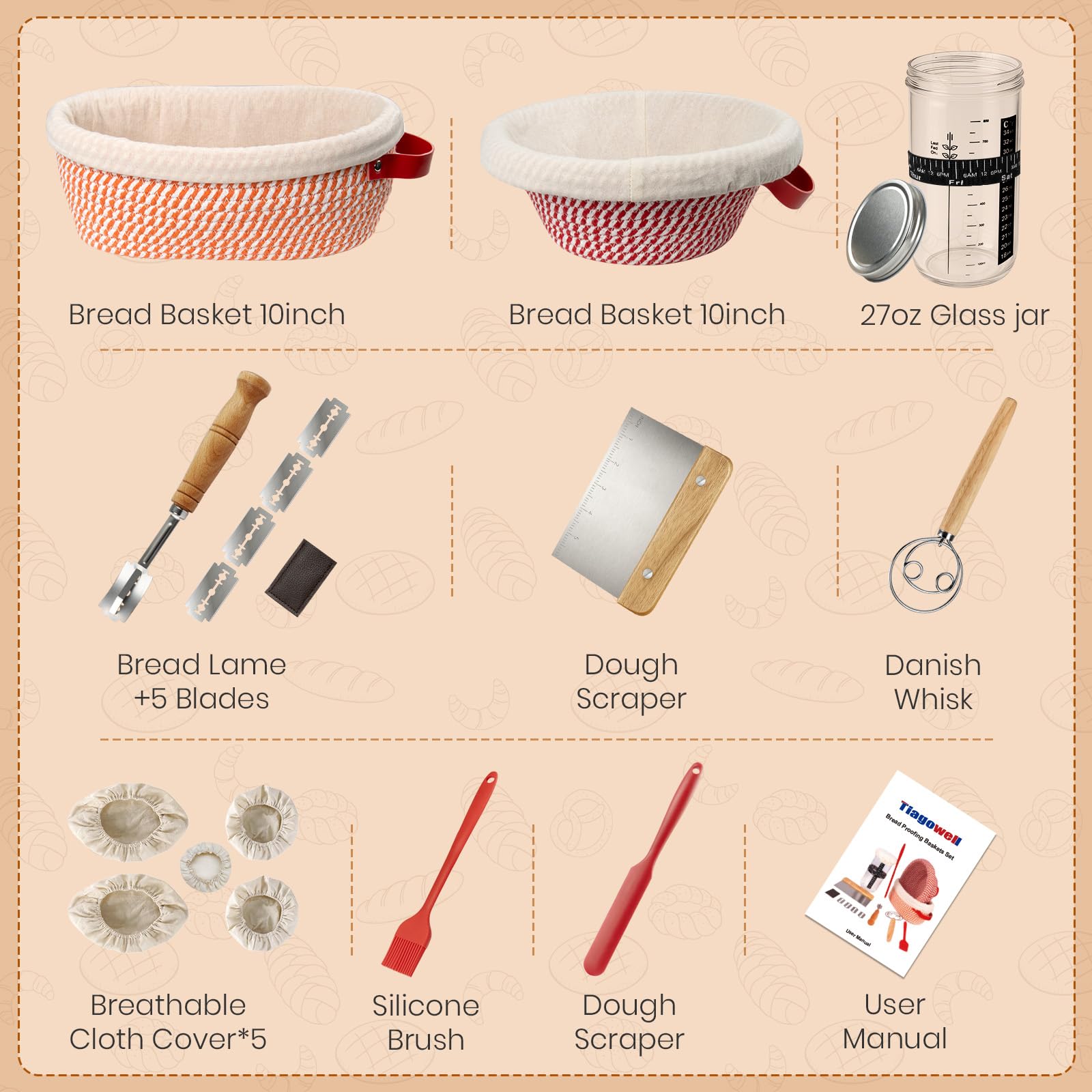 Sauerteig-Starter-Set, Banneton Brotgärkorb, Sauerteig-Brot-Backzubehör mit 765 ml Starterglas und 2 Baumwollseil-Gärkörben, Sauerteig-Set, Geschenk für die Brotherstellung