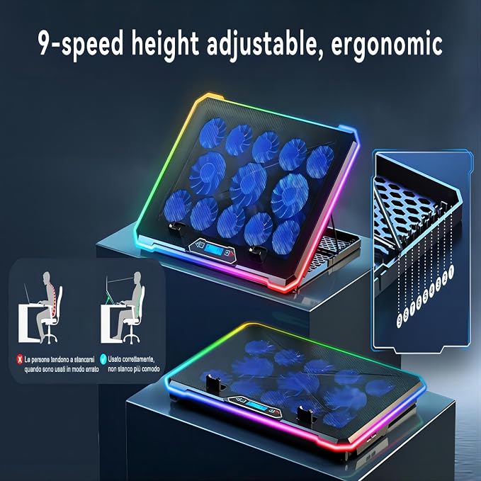Enfriador para laptop gaming con 13 ventiladores y pantalla LCD miniatura 7