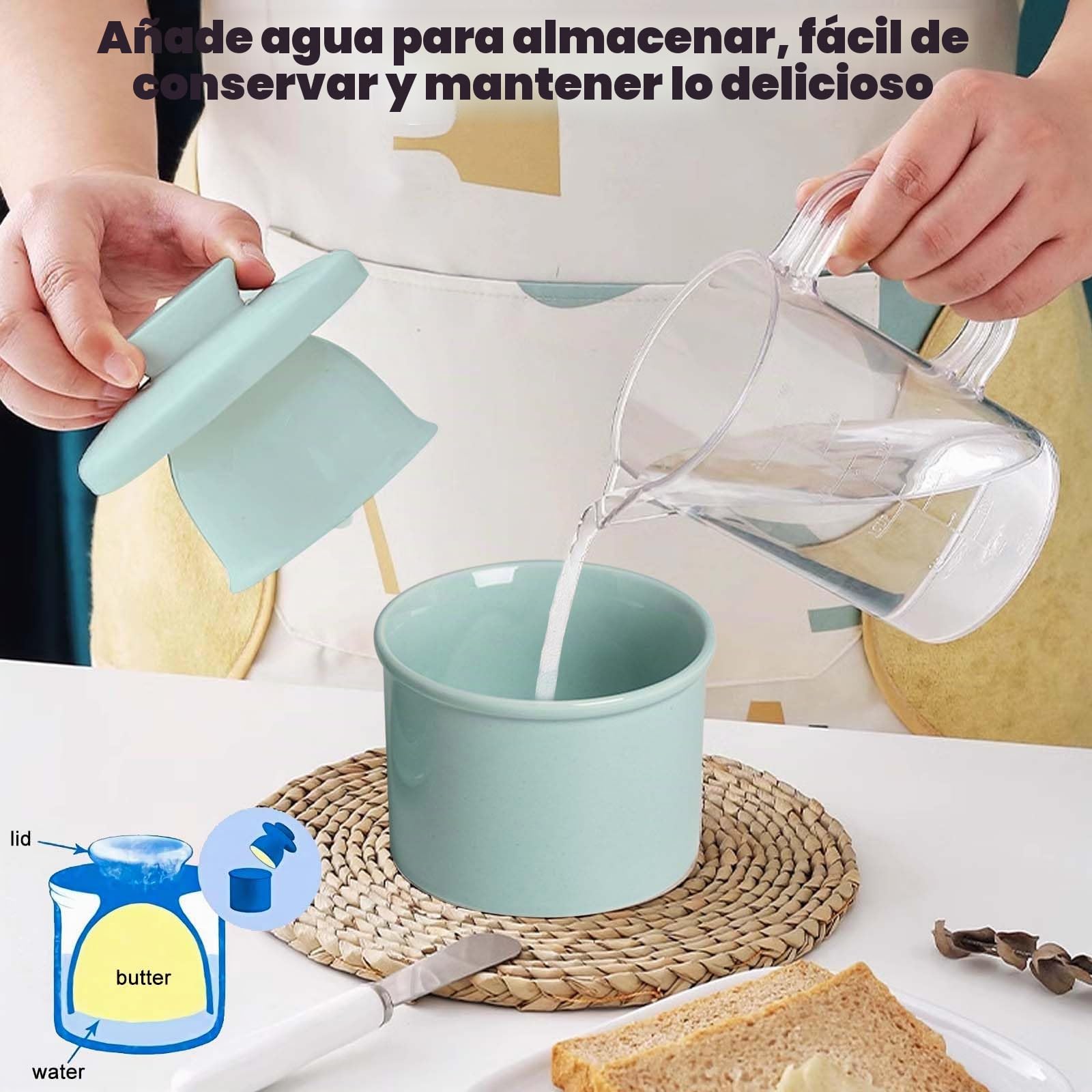 Mantequera francesa de cerámica con tapa redonda, enfriada por agua con línea de flotación, campana de mantequilla, campana de cerámica para mantequilla untable, azul claro
