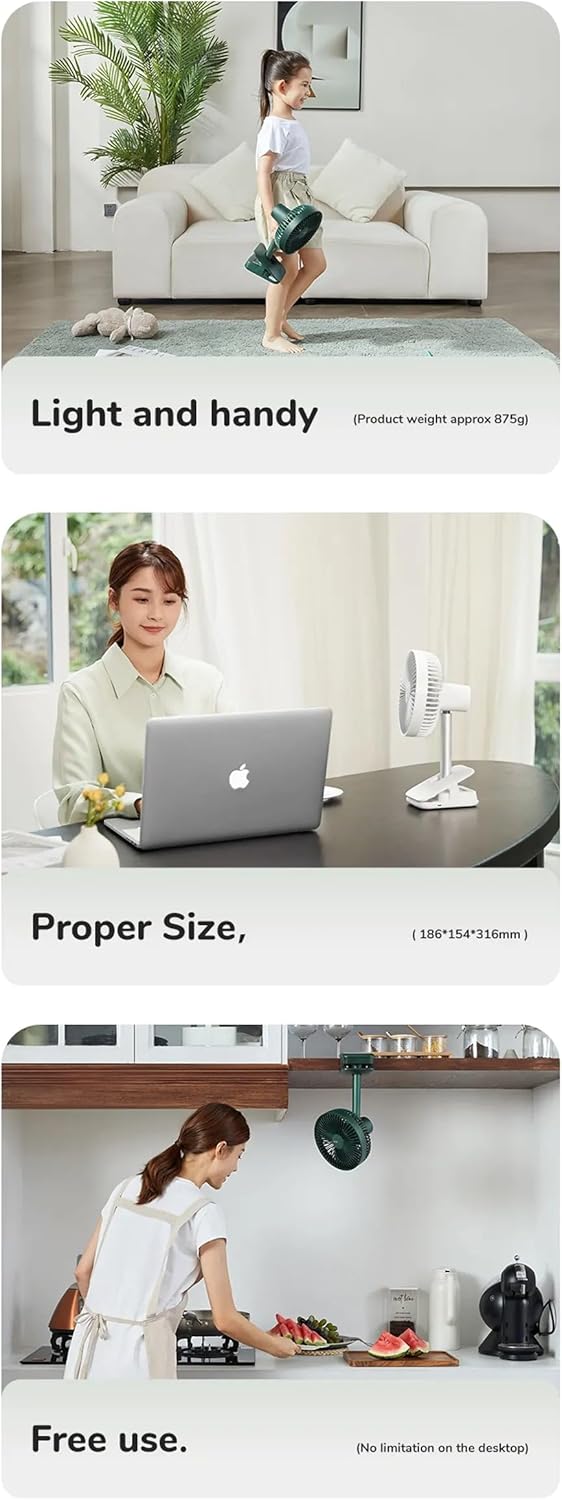 Three lifestyle images demonstrating the JISULIFE FA13R fan's portability and versatile use: a person holding it, a person using it at a desk, and the fan clipped under a kitchen cabinet.