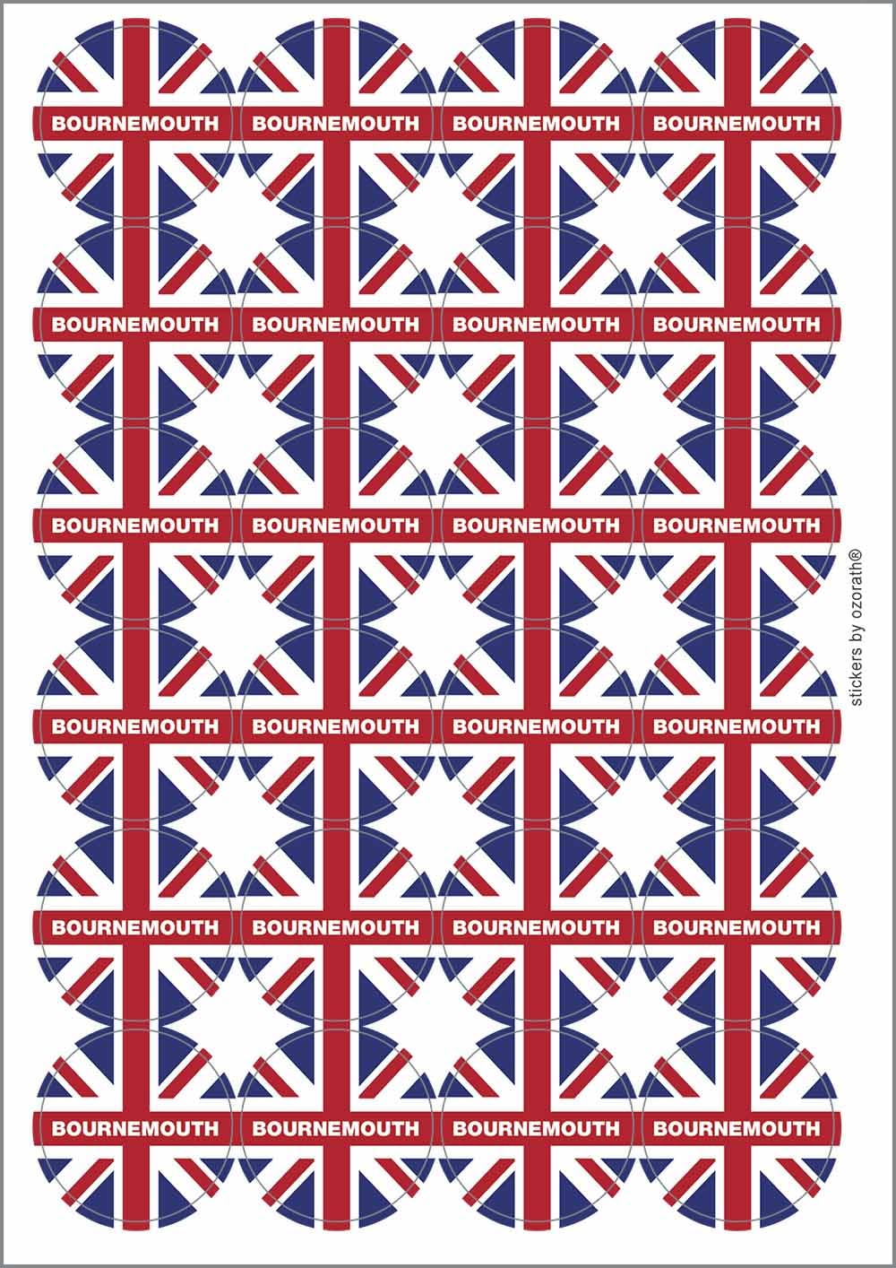 Bournemouth Union Jack Circular Matt Paper Stickers A4 Sheet of 24 (Each Sticker is 45mm Diameter)