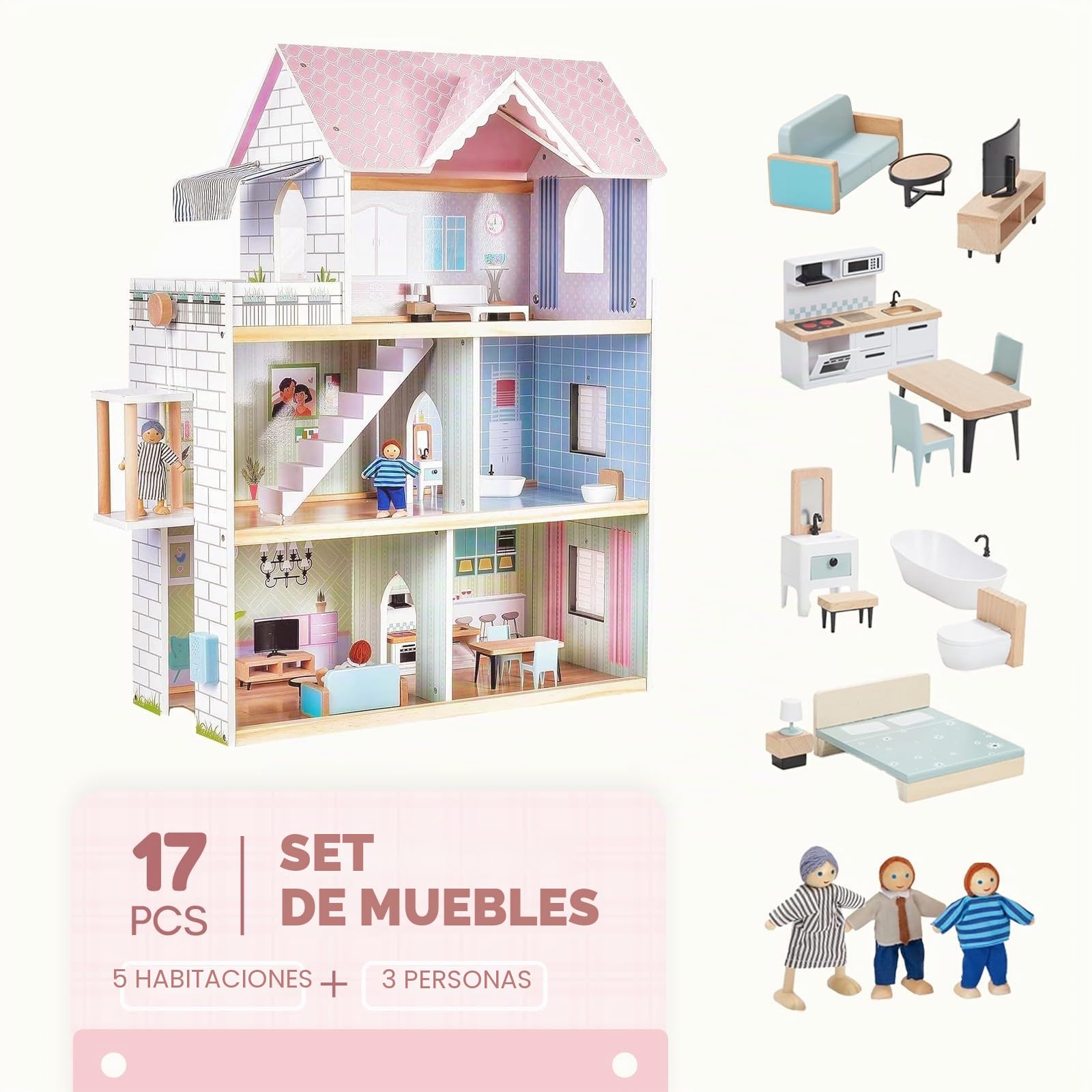 Giant Bean Casa de Muñecas Madera, 80 cm Casa Muñecas Madera de Altura con Elevador, Timbre, Luz, 15 Muebles y 3 Muñecas, Regalo de Juguete para Niñas de 3 Años +