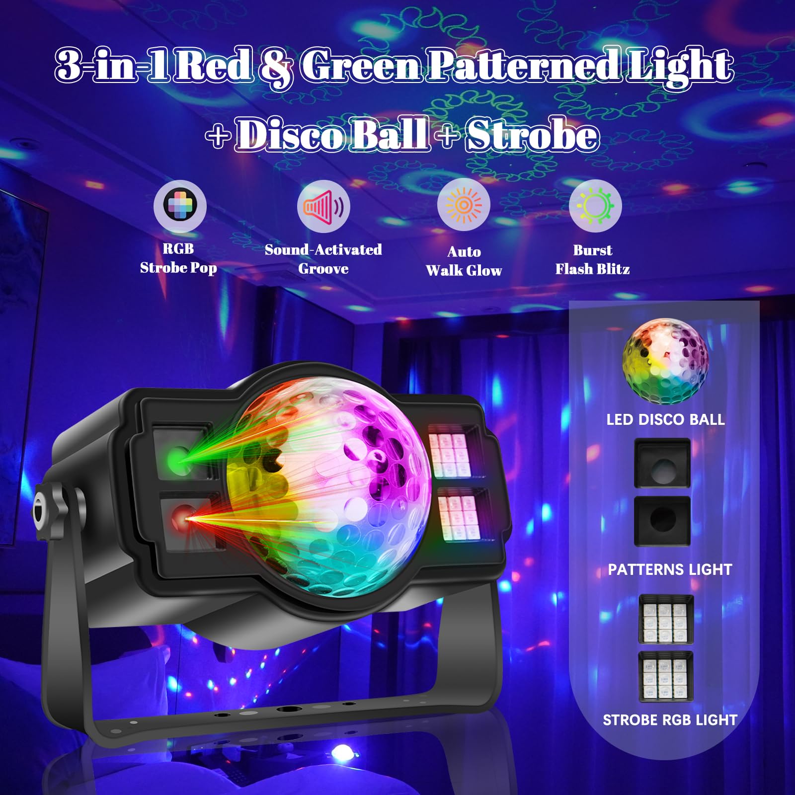 Luci da discoteca, luci stroboscopiche a LED RGB, per feste in casa, matrimoni, bar, DJ, karaoke, Halloween, Natale, regali di compleanno, 9 modalità attivate dal suono