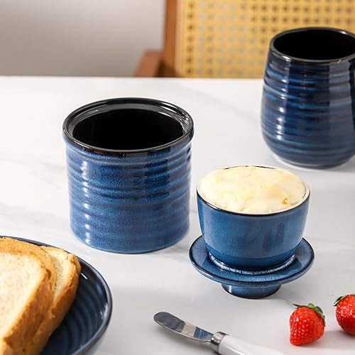 Miniatura 7 de Hasense Mantequillera grande con tapa y cuchillo, plato de mantequilla de cerámica con tapa para encimera, contenedor de mantequilla negra para