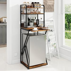 PUNCIA 4-Tier Mini Fridge Stand with Power Outlet Coffee Bar Organizer | Coffee Station with Fridge Space, Tall Refrigerator Cabinet & Microwave Shelf Bakers Rack for Kitchen Dorm Pantry Apartment