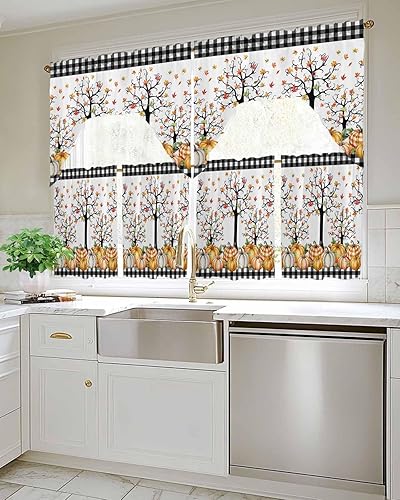 Miniatura 3 de Juego de cortinas de cocina de Acción de Gracias, cenefa y niveles de 24 pulgadas de largo, hojas a cuadros negros y blancos de otoño, cortinas