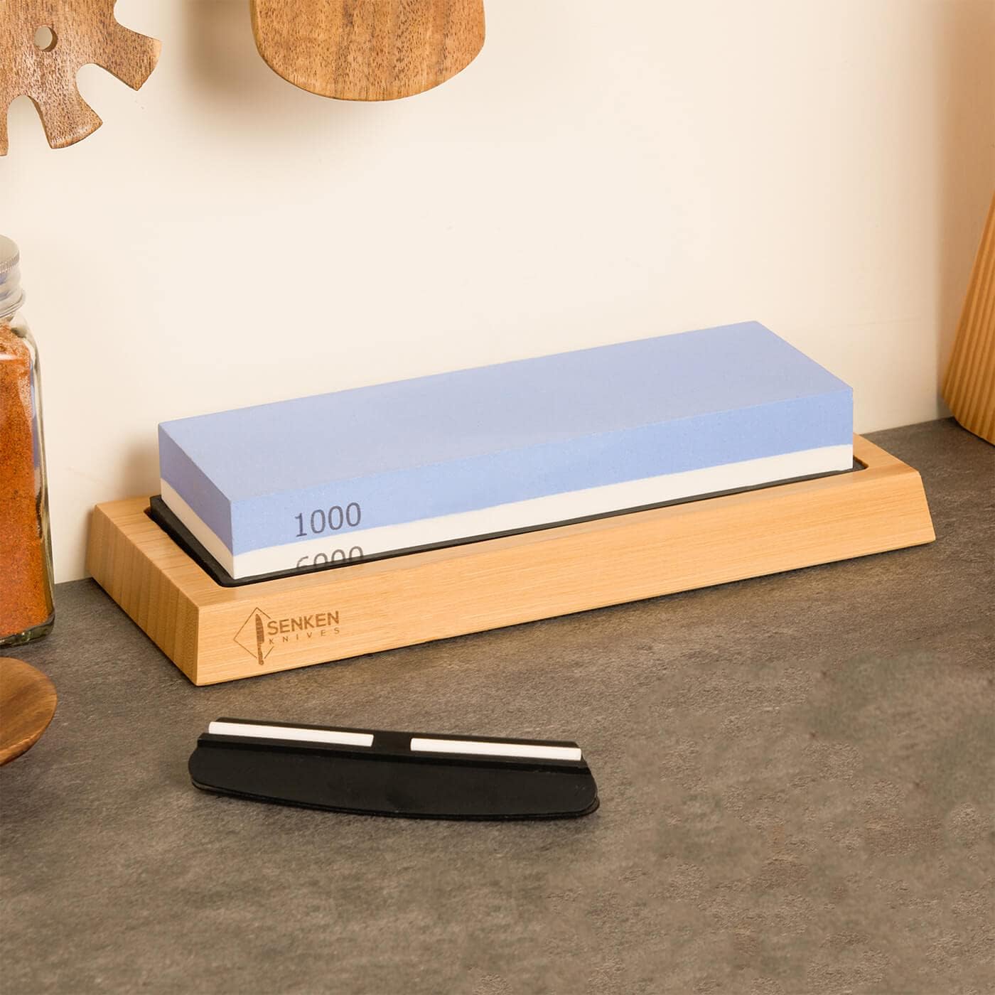 SENKEN 1000/6000 Grit Japanese Whetstone Kit Knife Sharpening Stone with Angle Guide and Wooden Holder - Dual Function Sharpen & Hone Kitchen Knives and Tools, Includes Non-Slip Bamboo Base