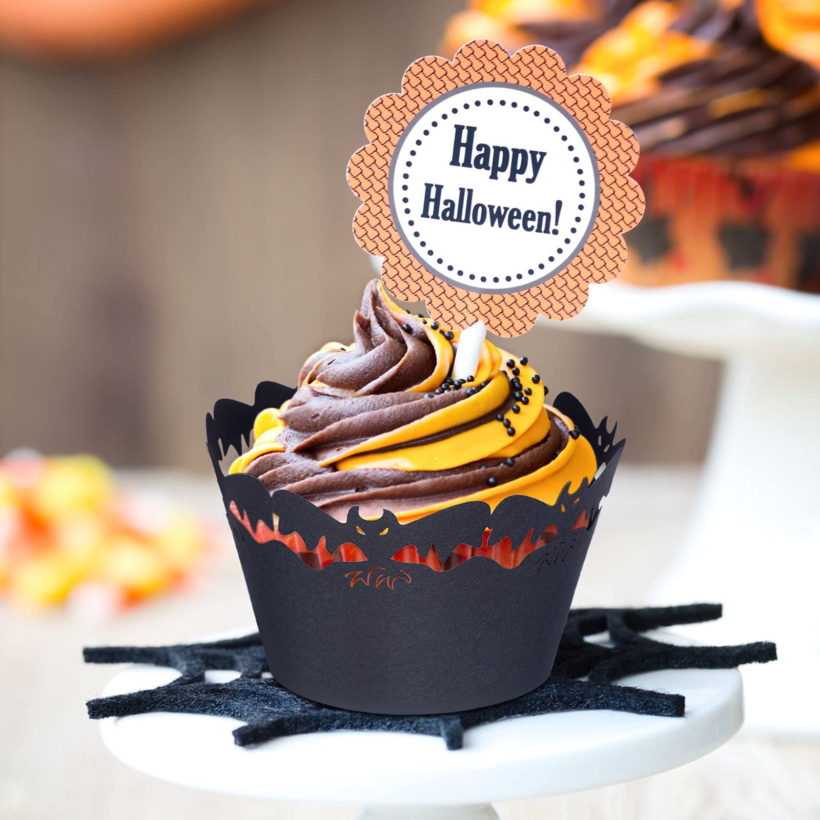 96 Stück Halloween Cupcake Wrappers Halloween Laser Cut Liner Halter Spiderweb Night Castle Cupcake Wrappers künstlerische Backen Pappbecher für Halloween Hochzeit Geburtstag Party Dekoration